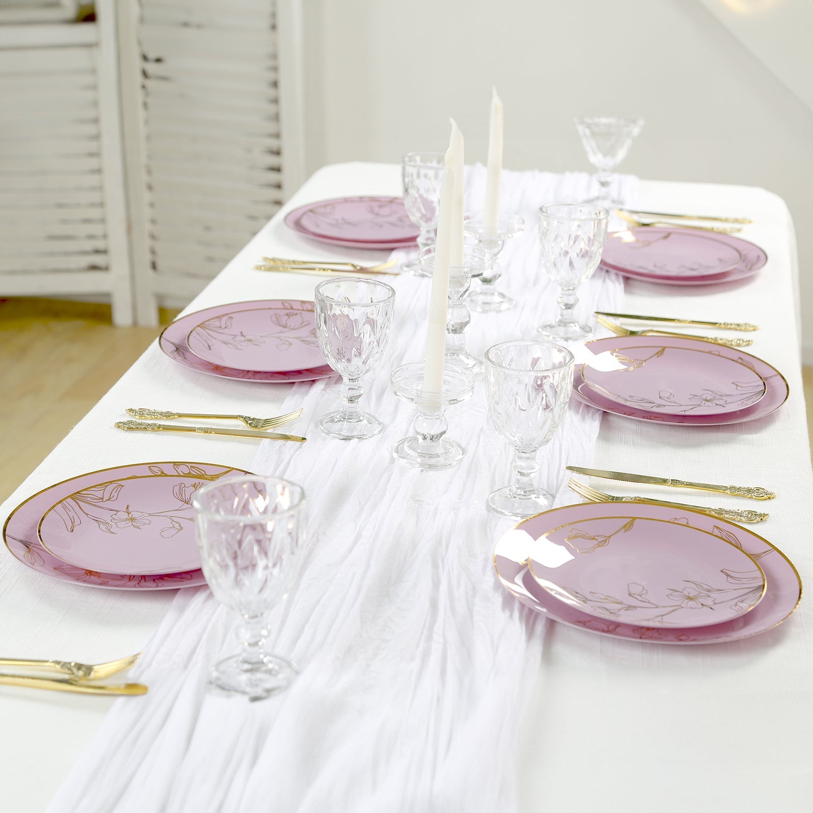 Set of 20 Plastic Round Dinner and Dessert Plates in Lavender Lilac with Metallic Gold Floral Design - Stylish Disposable Dinnerware 8", 10"