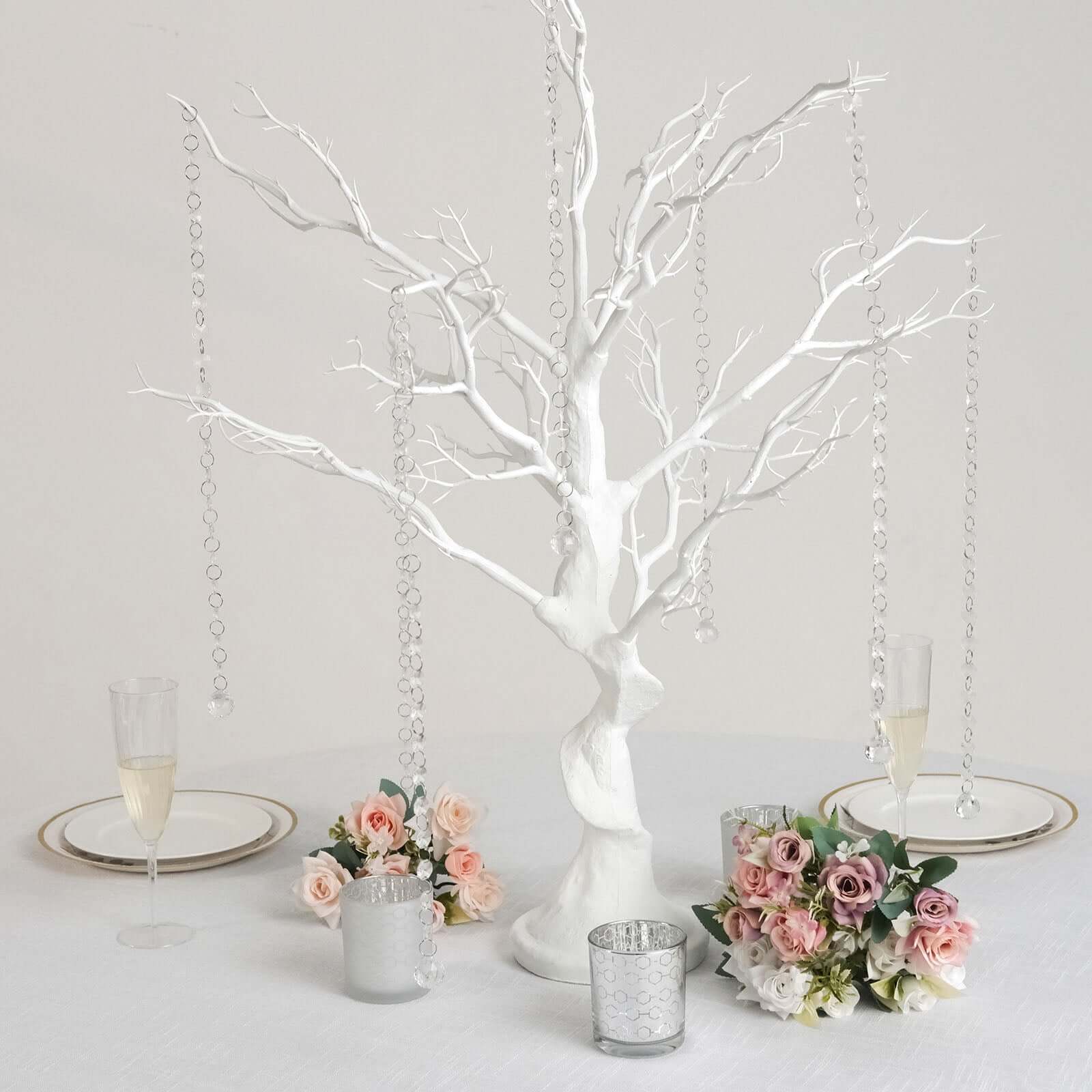 Manzanita Tree Centerpiece White with 8 Acrylic Bead Chains - Easy Assembly Decorative Artificial Tree for Modern Weddings Parties & Event Displays 34"