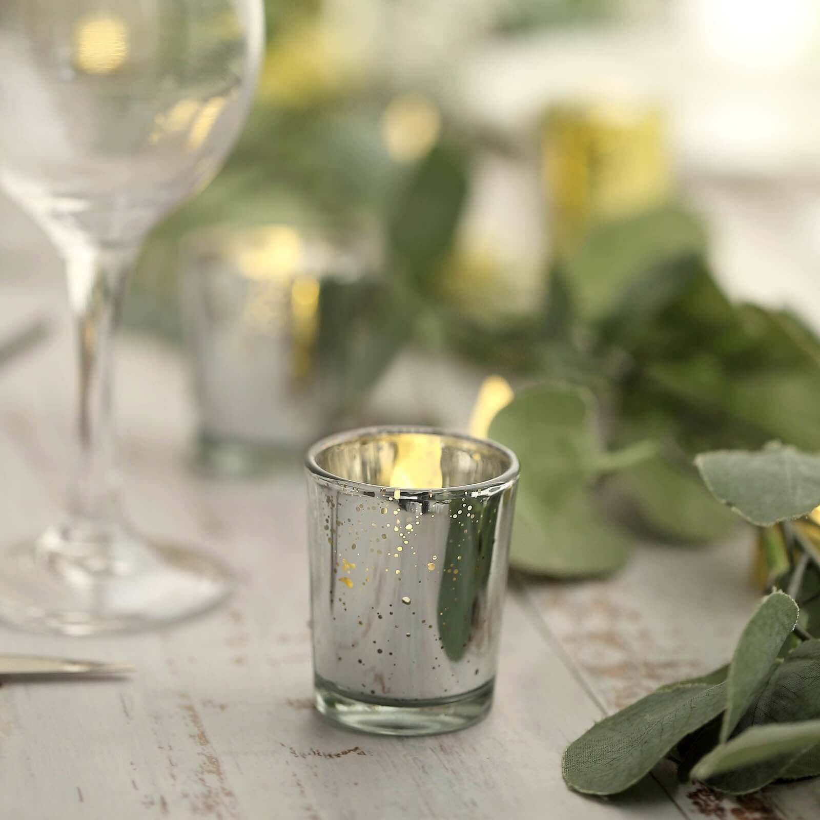 12-Pack Mercury Glass Candle Holders Silver with Speckled Design - Votive Tealight Holders 2"