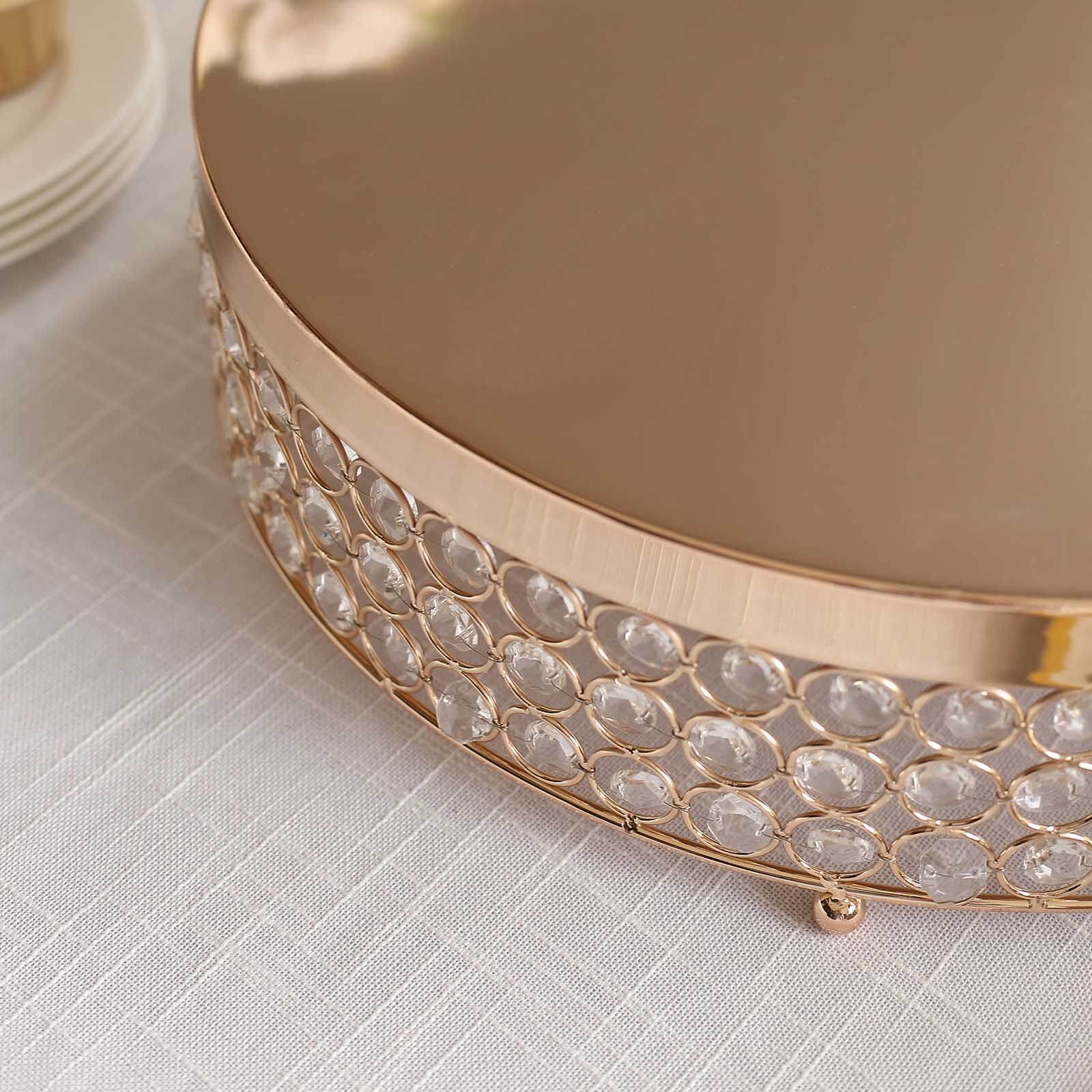 Metal Cake Stand Pedestal Crystal Beaded Design Gold - Cupcake Display and Dessert Riser 16"
