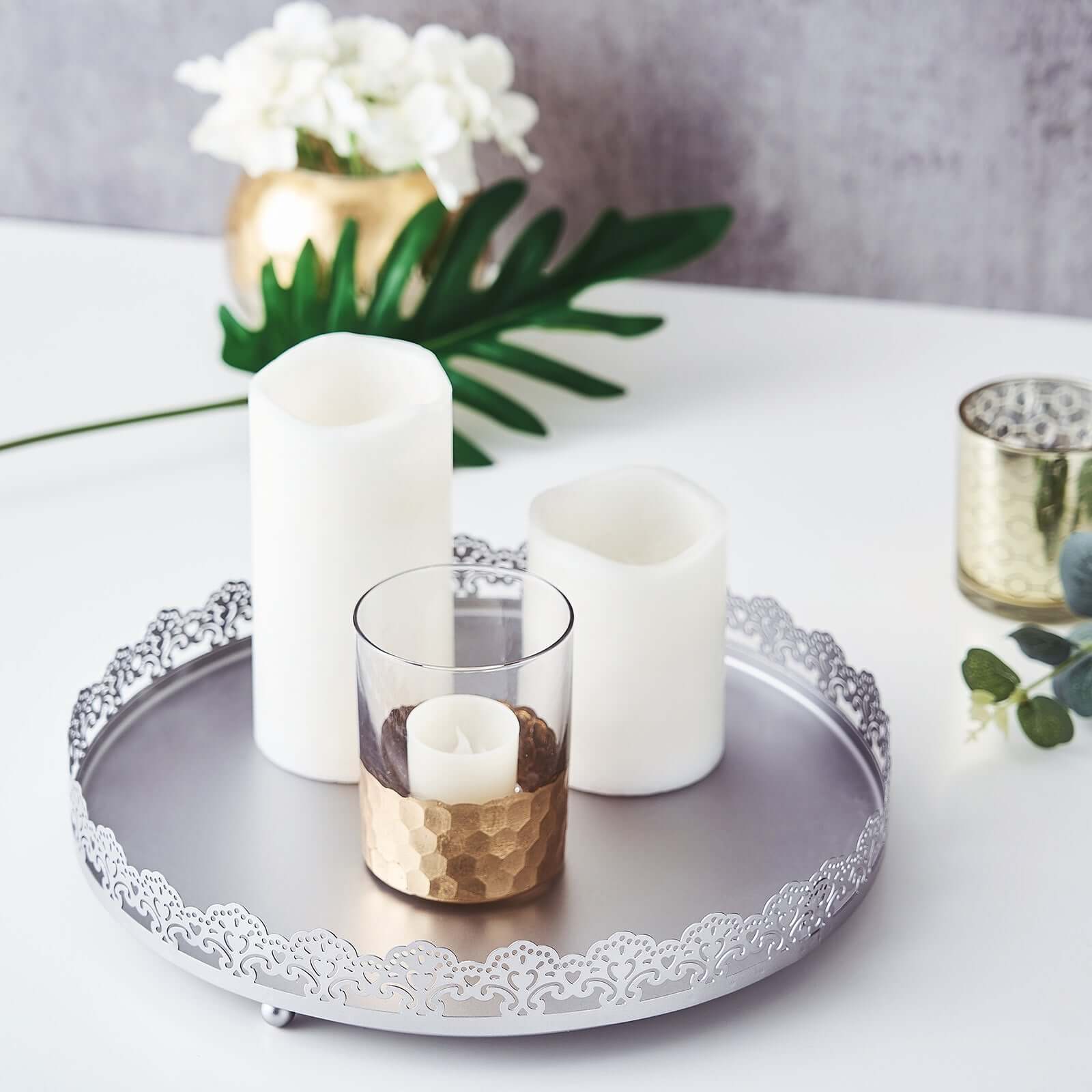 Metal Round Serving Tray 12" in Silver with Embellished Rims, Stylish Decorative Vanity Tray Centerpiece