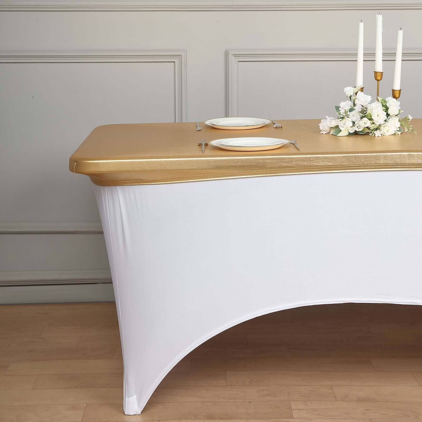 Stretch Spandex 72"x30" Rectangle Table Top Cover Metallic Gold - Easy to Install Glamorous Fitted Table Topper Cap for Luxe Events
