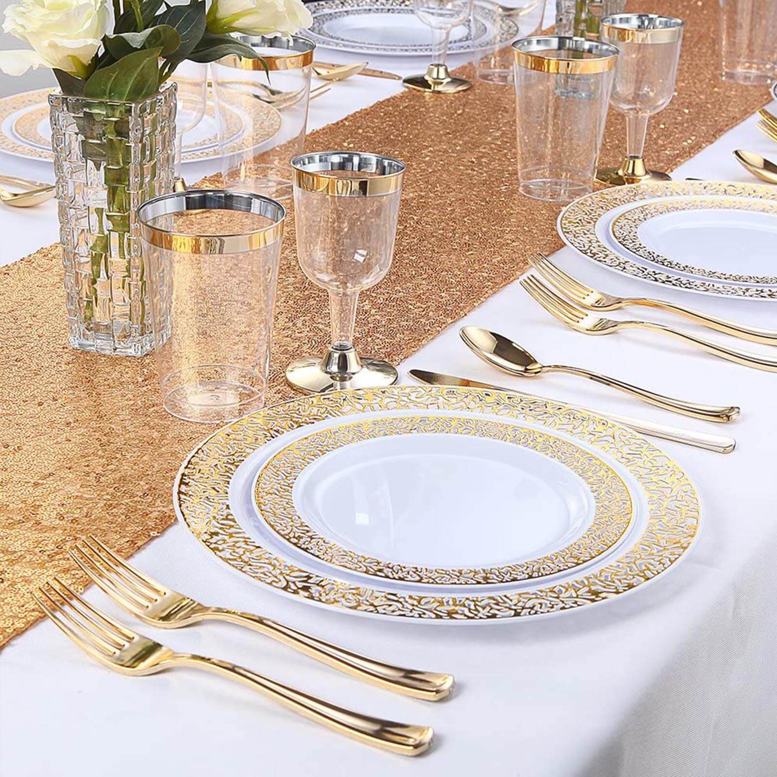 25-Pack Plastic Utensil Set Metallic Gold Classic Heavy Duty - Decorative Disposable Tableware 7", 8"