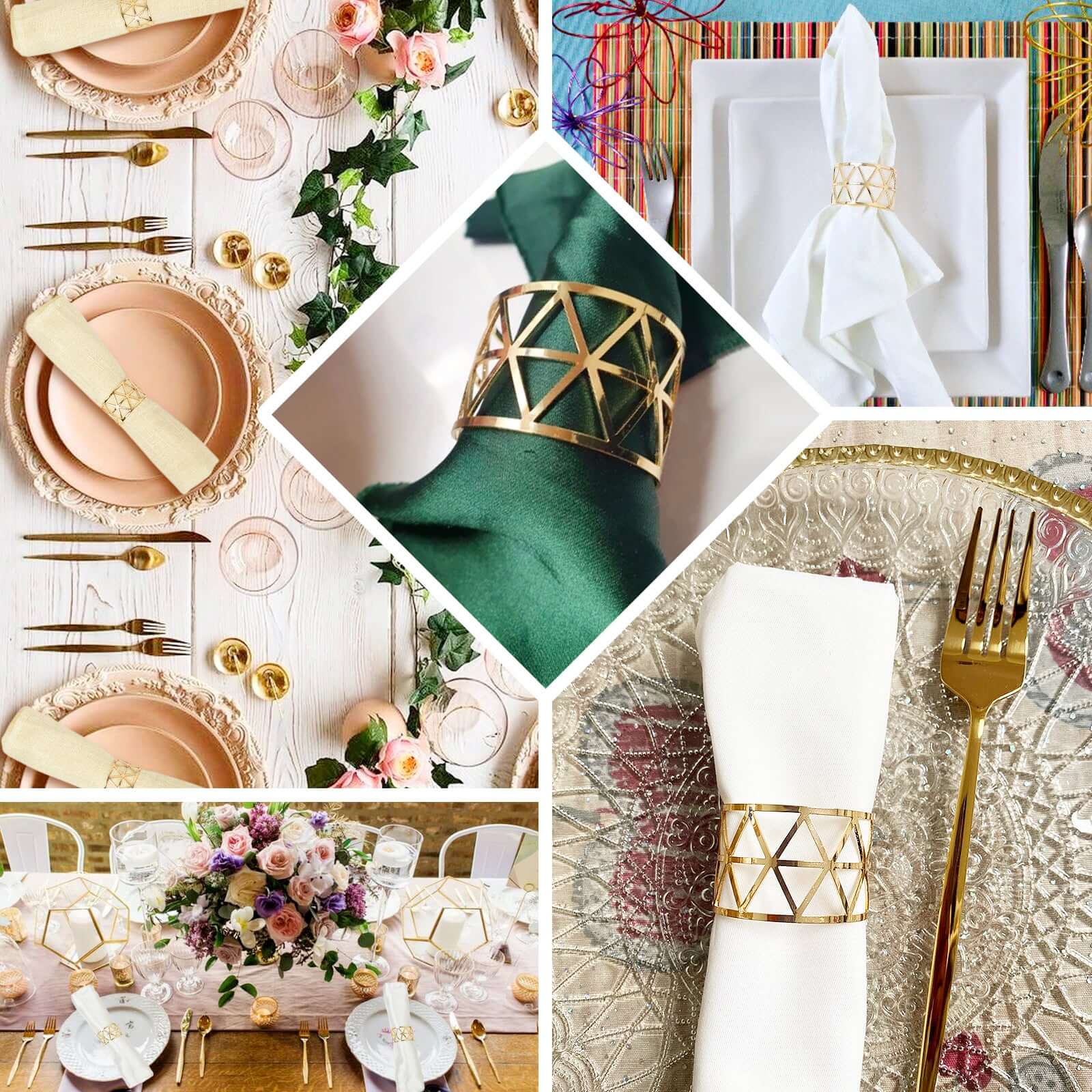 5 Pack Metallic Blush Rose Gold Geometric Napkin Rings, Paper Napkin Holders
