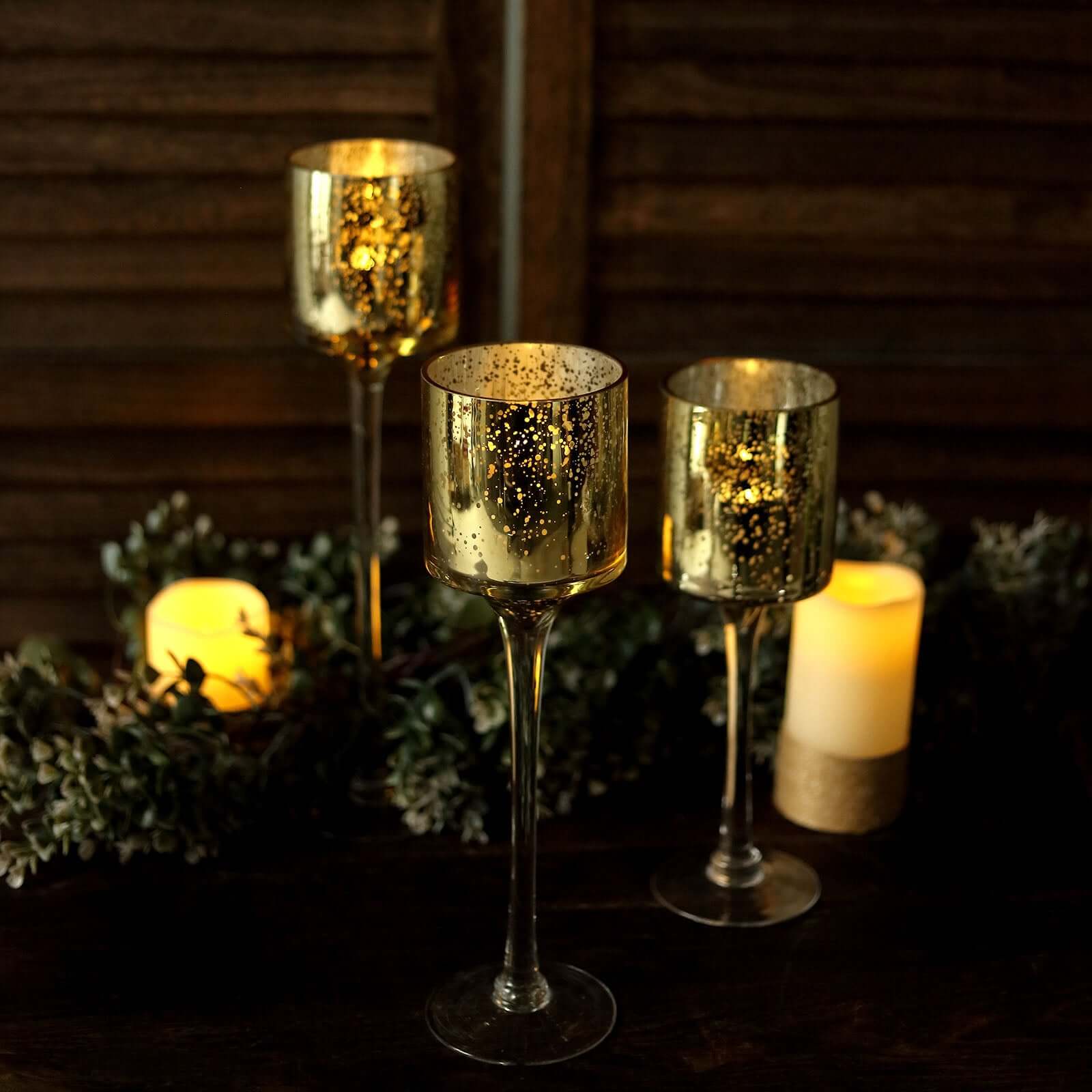 Set of 3 Glass Cylinder Vases Long Stem Gold - Decorative Candle Holder Floral Centerpieces 12", 14", 16"
