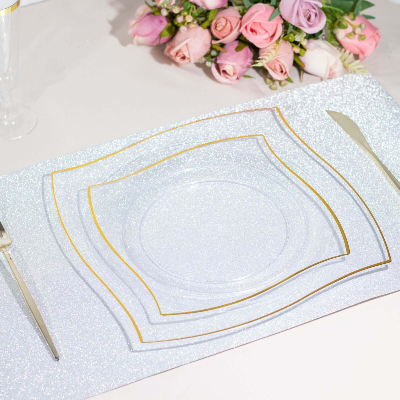 10-Pack Plastic 8" Square Dessert Plates in Clear with Gold Wavy Rim Modern - Disposable Salad Appetizer Party Plates