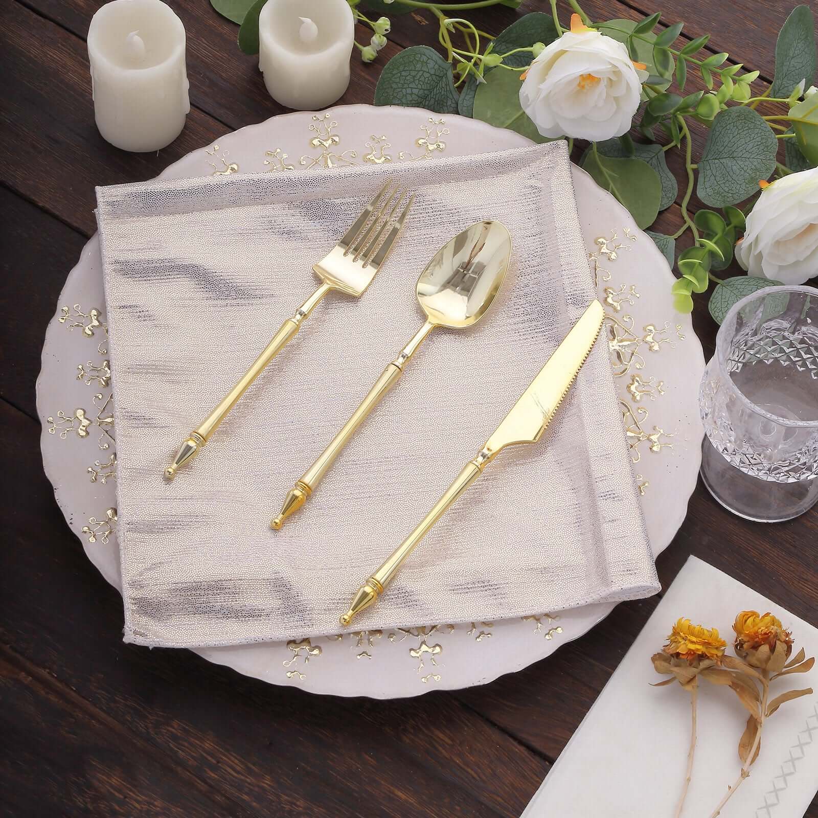 5 Pack Polyester 20"x20" Napkins Beige Shimmer Sequin Dots - Luminous Cloth Napkins