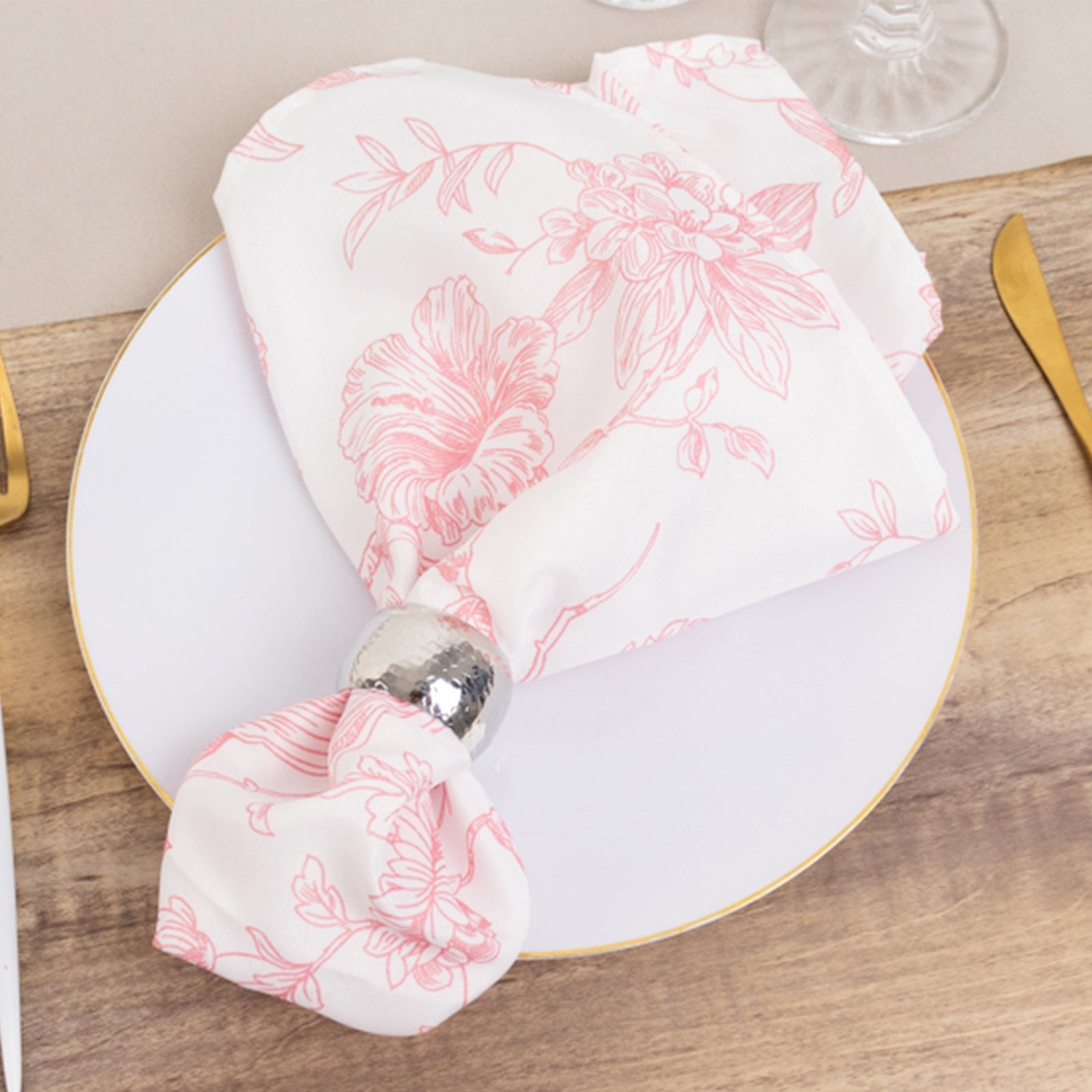 5 Pack 20"x20" Pink French Toile Polyester Cloth Napkins, White Floral Reusable Dinner Table Linens