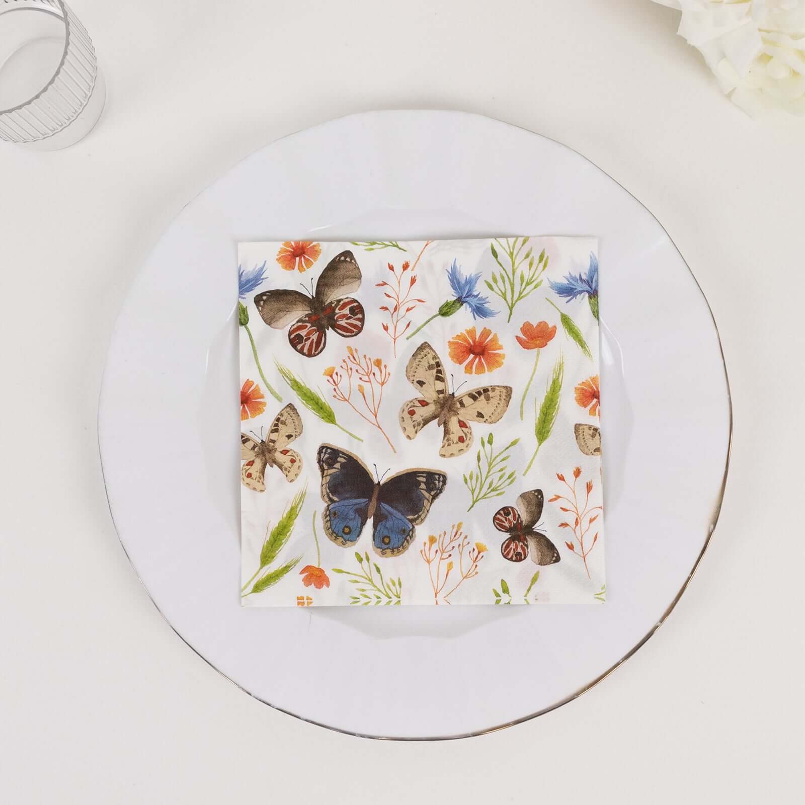 50-Pack Paper Beverage Napkins with Field Herbs and Butterfly Print Ivory - 2 Ply Disposable 18GSM Garden Party Napkins 5"x5"