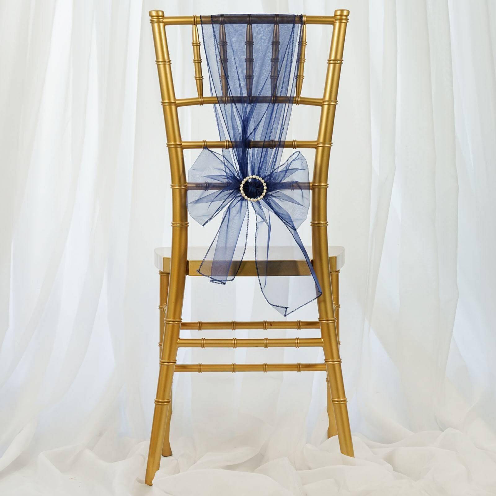 5 Pack Organza Chair Sashes Navy Blue - Reusable Sheer Chair Bows 6"x108"