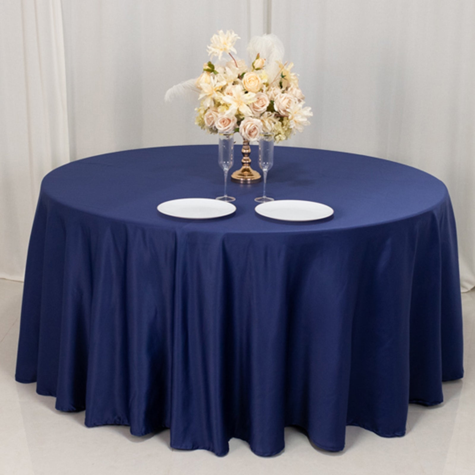Lamour Satin 120" Round Tablecloth Navy Blue - Seamless Table Cover with Soft Tempered Sheen