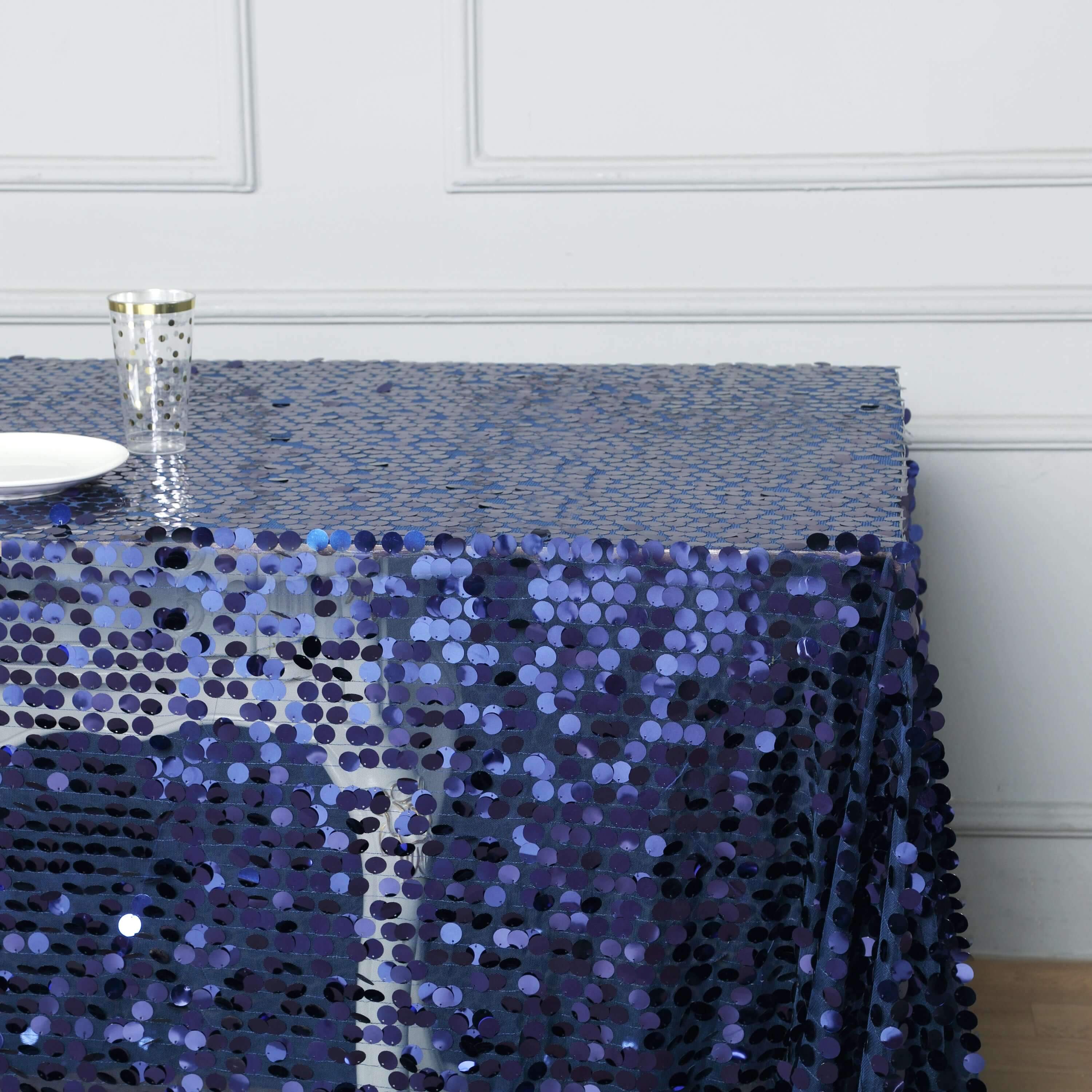 Sequin 90"x132" Rectangle Tablecloth Navy Blue - Seamless Big Payette Table Cover