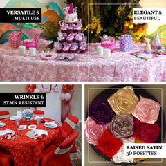 Satin 132" Round Tablecloth White - Grandiose 3D Rosette Design with Seamless Finish for Chic Occasions