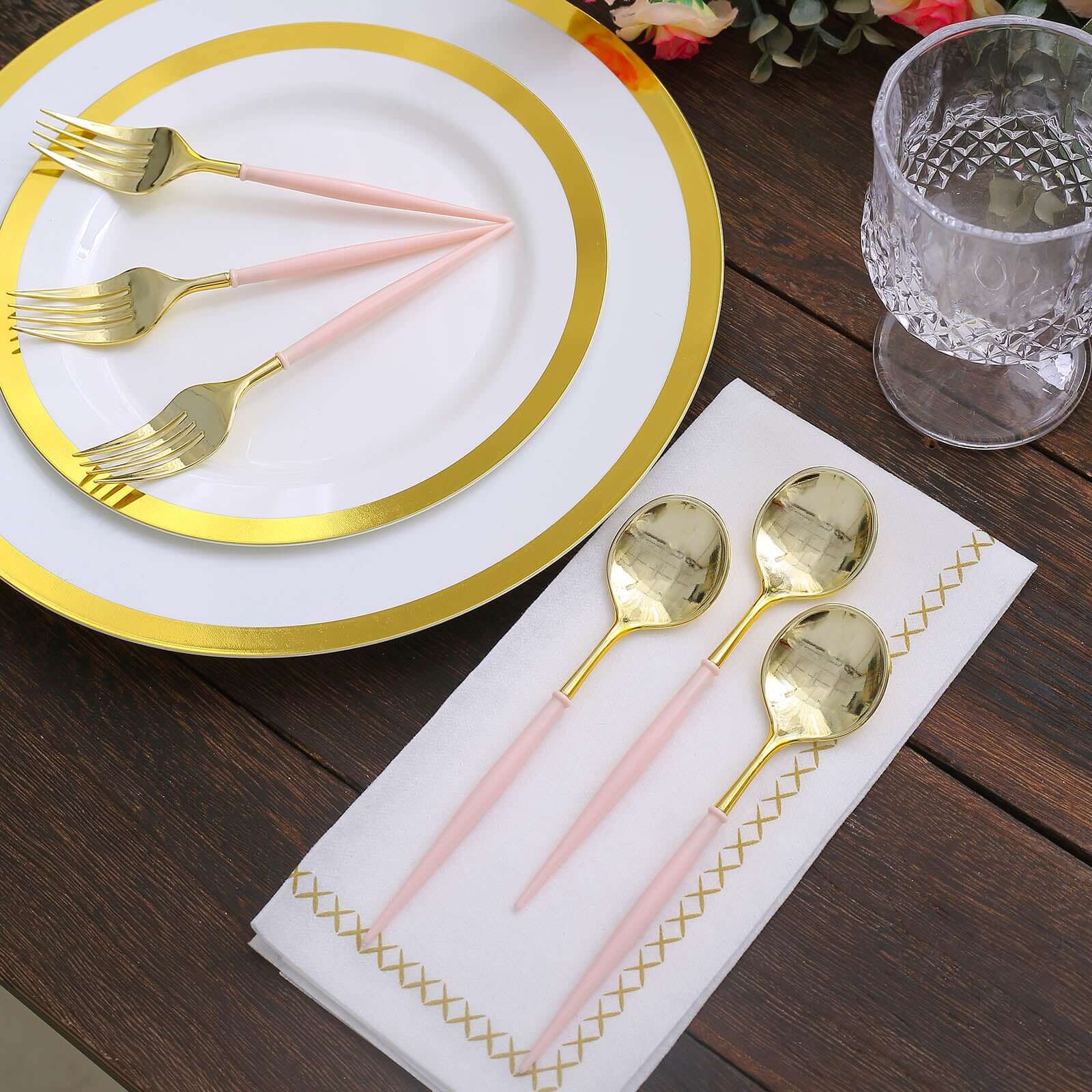 24-Pack Plastic Fork and Spoon Set Gold/Rose Gold - Heavy Duty Disposable Modern Utensils 6"