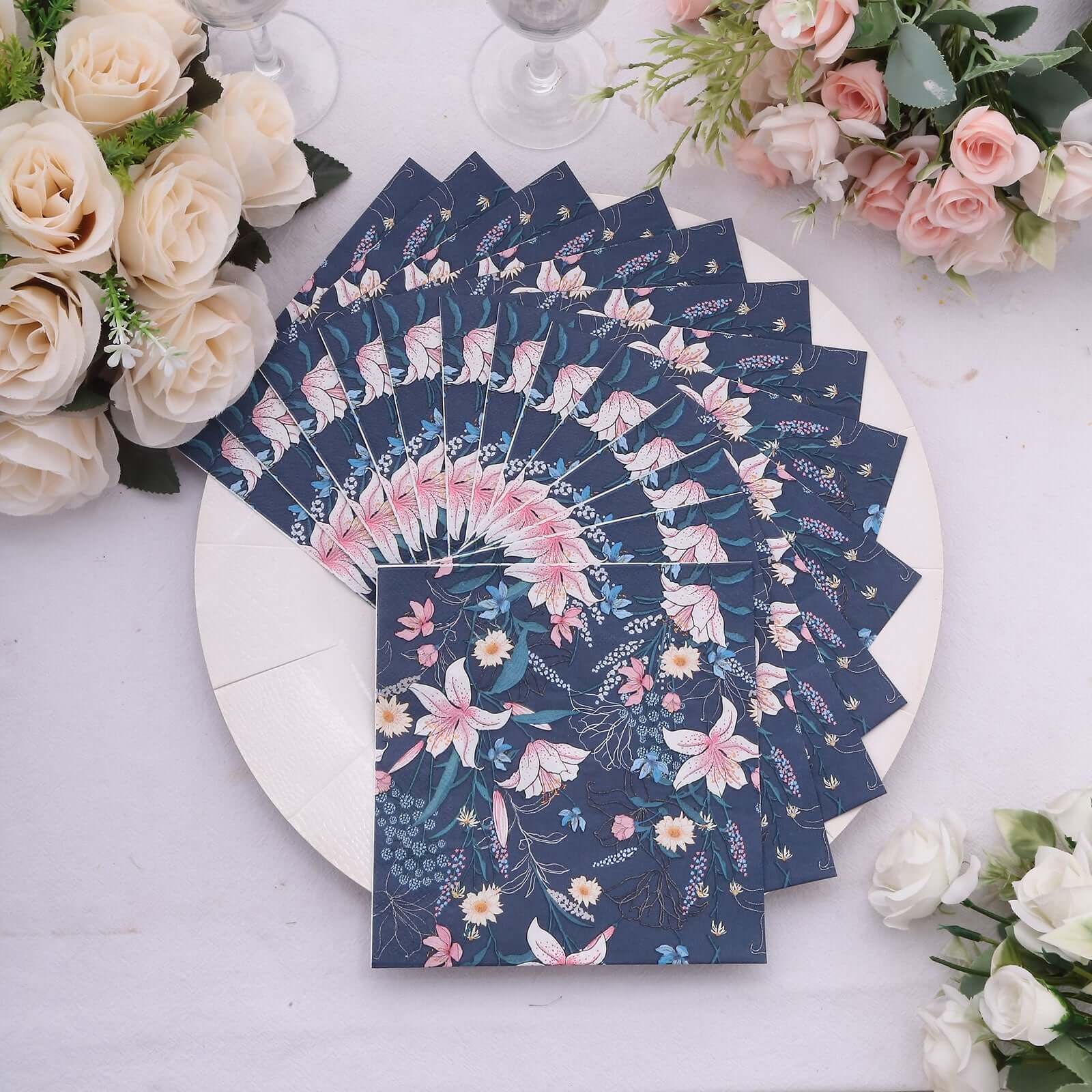 50-Pack Paper Beverage Napkins with Water Lily Floral Design Navy Blue - 2 Ply Soft 18GSM Wedding Napkins 6.5"x6.5"