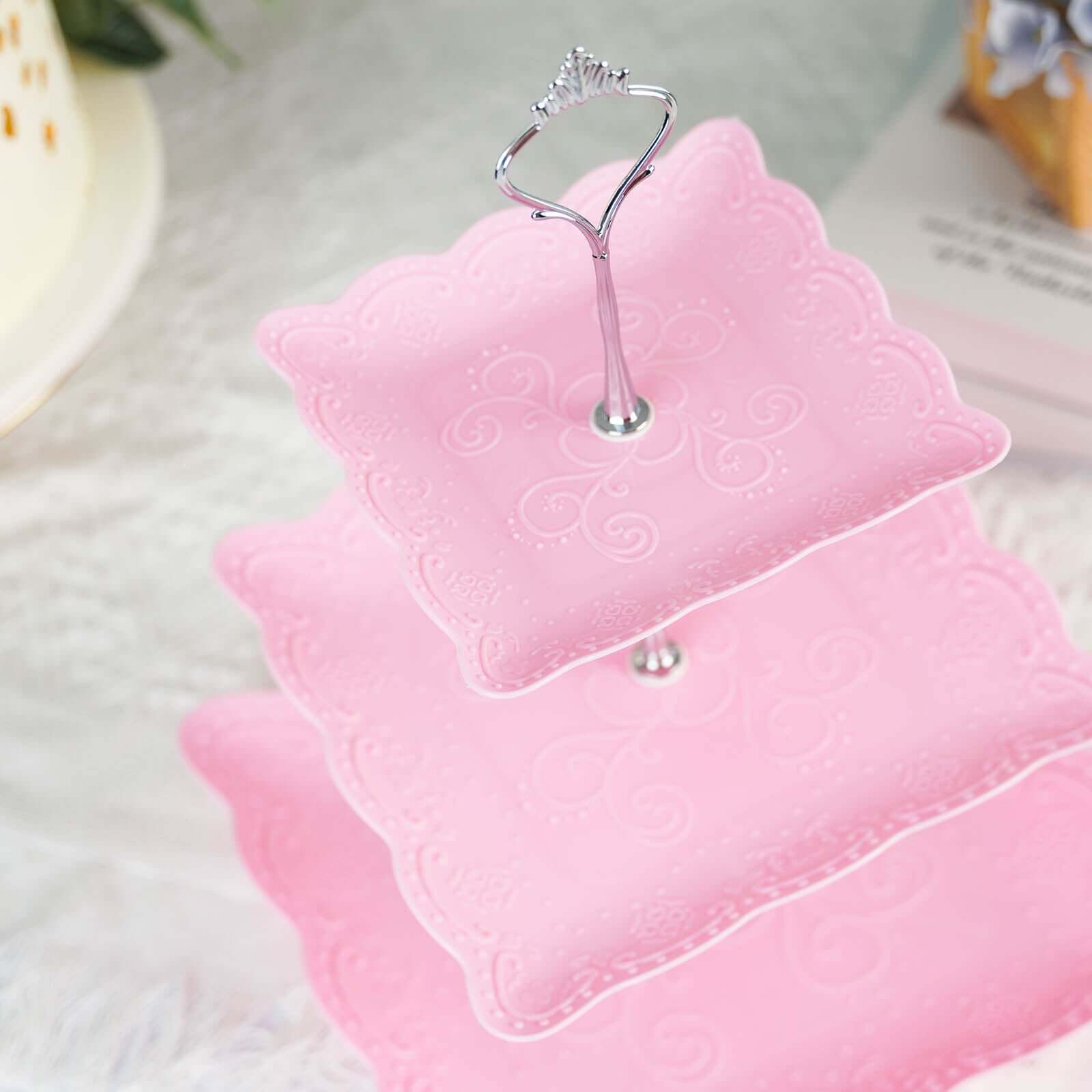 3-Tier Plastic Square Cupcake Stand Tower Pink - Charming Easy to Assemble Dessert Display Serving Tray Platter with Floral Embossed Scalloped Rim & Silver Handle for Tea Parties Weddings & Special Occasions 13"
