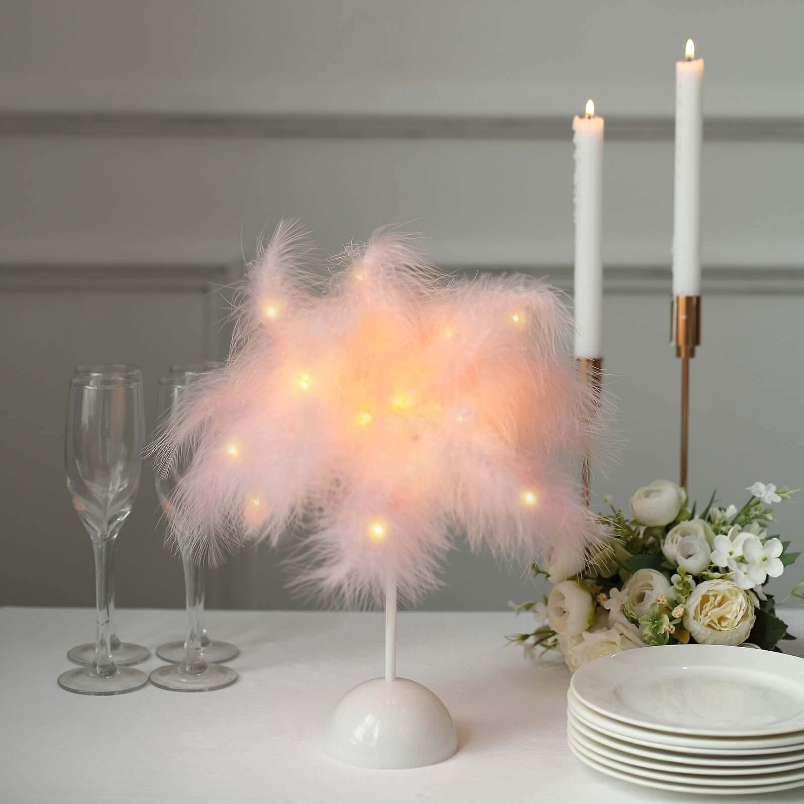 Table Lamp Feather Design Blush LED Battery Operated - Cordless Wedding Centerpiece 15"