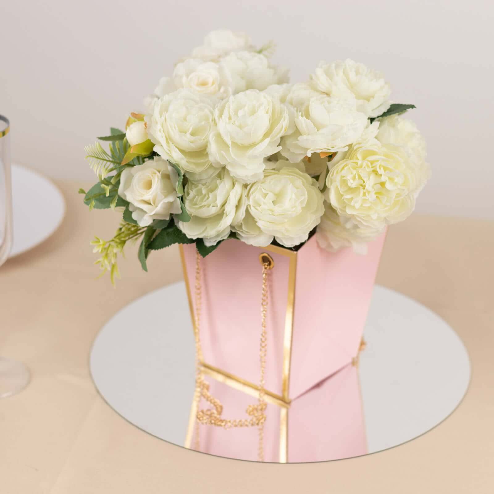6 Pack Pink Gold Edge Paper Flower Gift Bags With Metal Chain Handles, Trapezoid Party Favor Tote Bags - 5"x6"