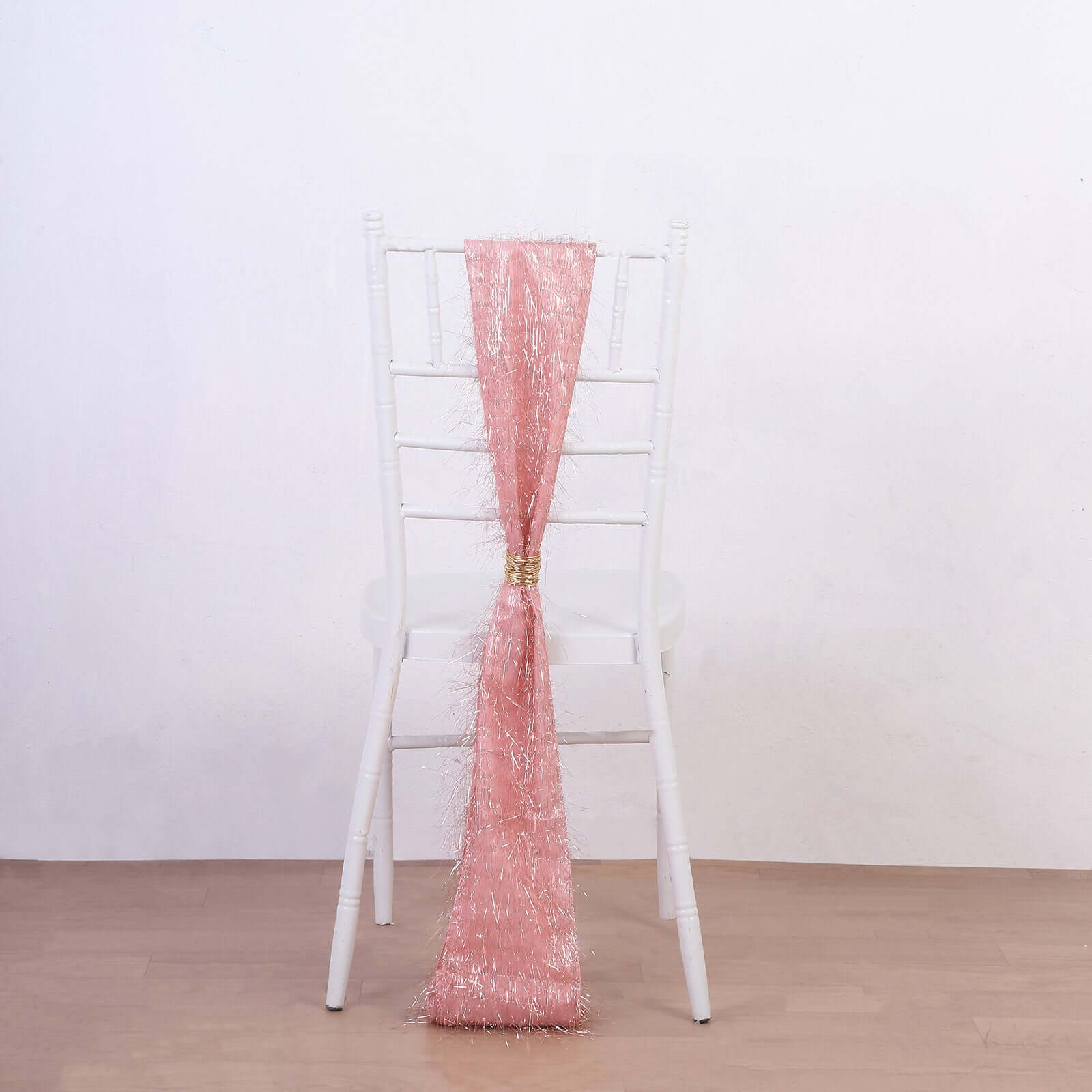 5 Pack Polyester Chair Sashes Rose Gold Metallic Tinsel Fringe - Easy to Use Chair Bows 6"x108"