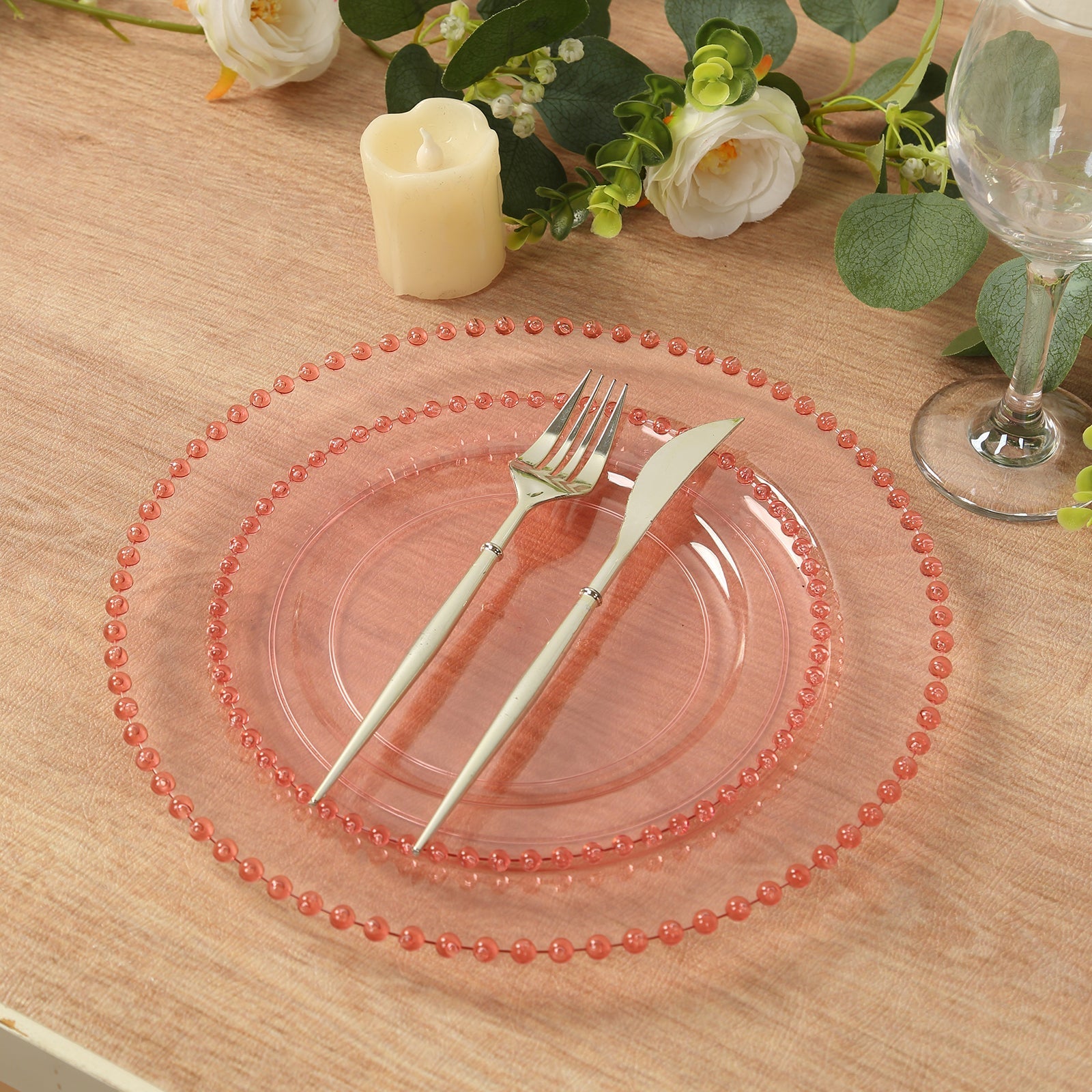 10-Pack Transparent Blush Plastic Dessert Plates – 8" Round with Beaded Rim, Disposable for Parties & Events