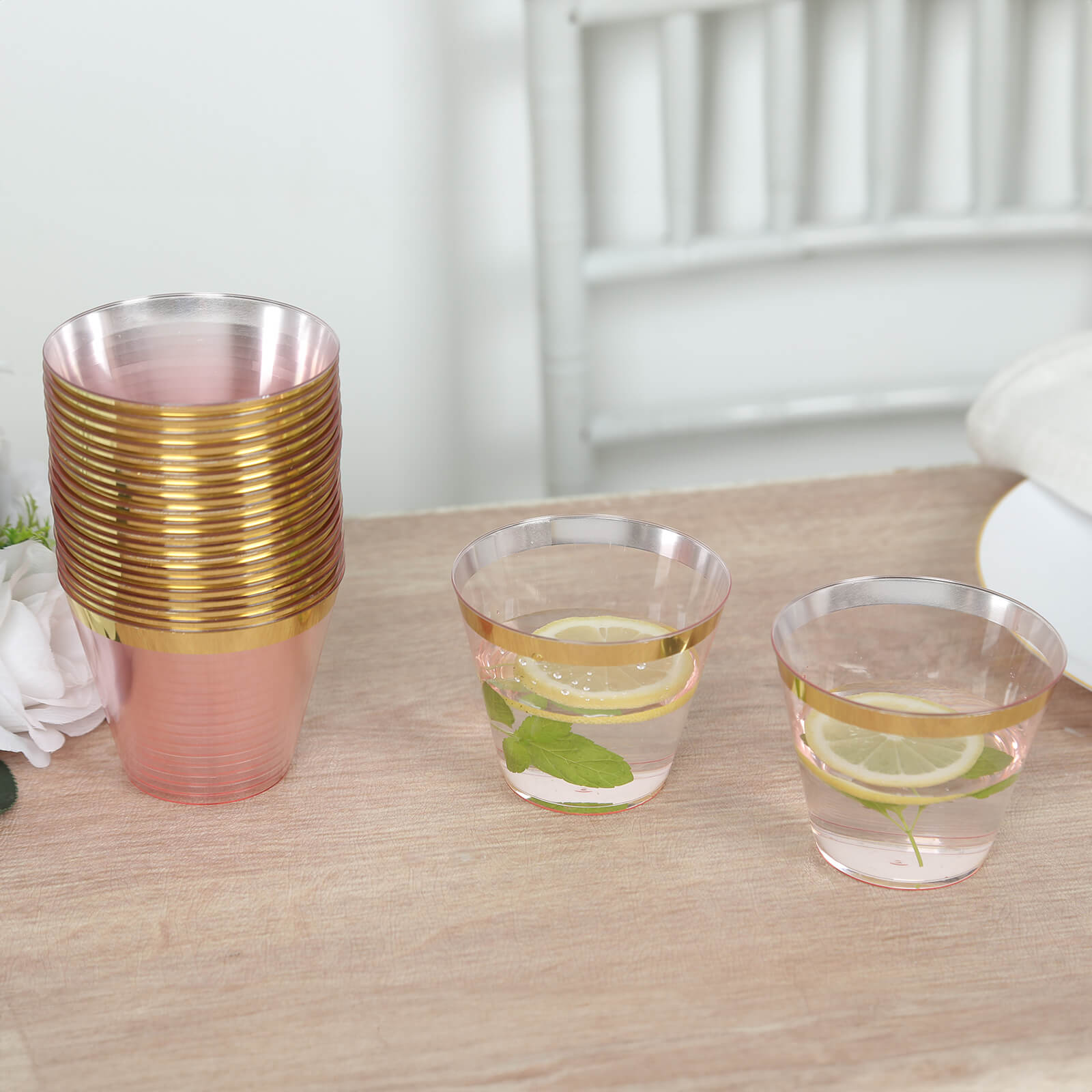 25-Pack Plastic Party Cups Transparent Blush Crystal with Gold Rim - Stylish Short Disposable Glasses 9oz