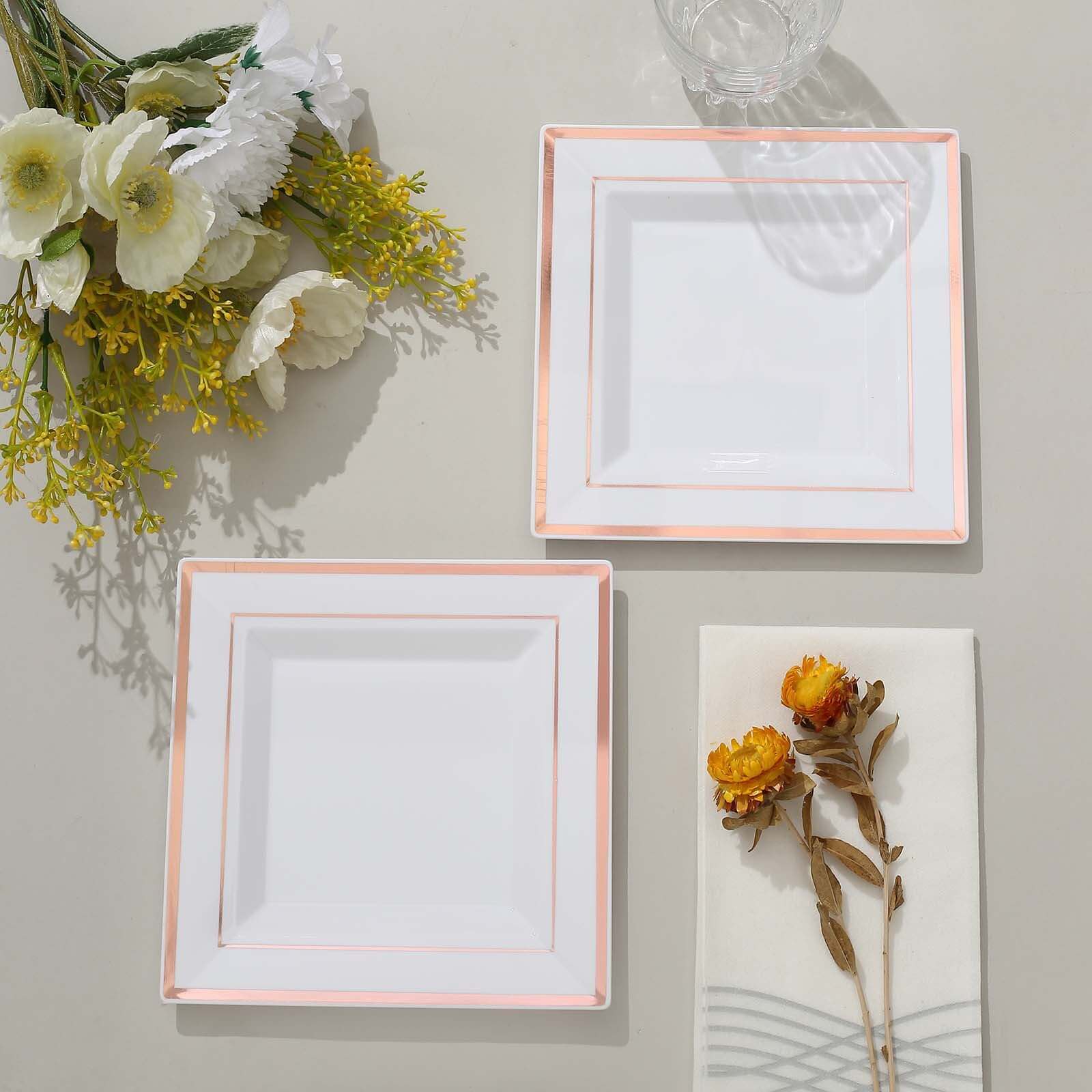 10-Pack Plastic Salad Dessert Plates White Square with Rose Gold Trim - Durable Disposable Appetizer Plates 7"