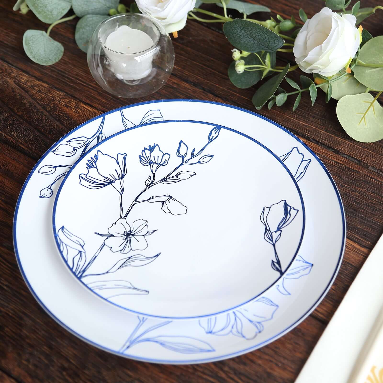 Set of 20 Plastic Round Dinner and Dessert Plates in White with Metallic Blue Floral Design - Stylish Disposable Dinnerware 8", 10"