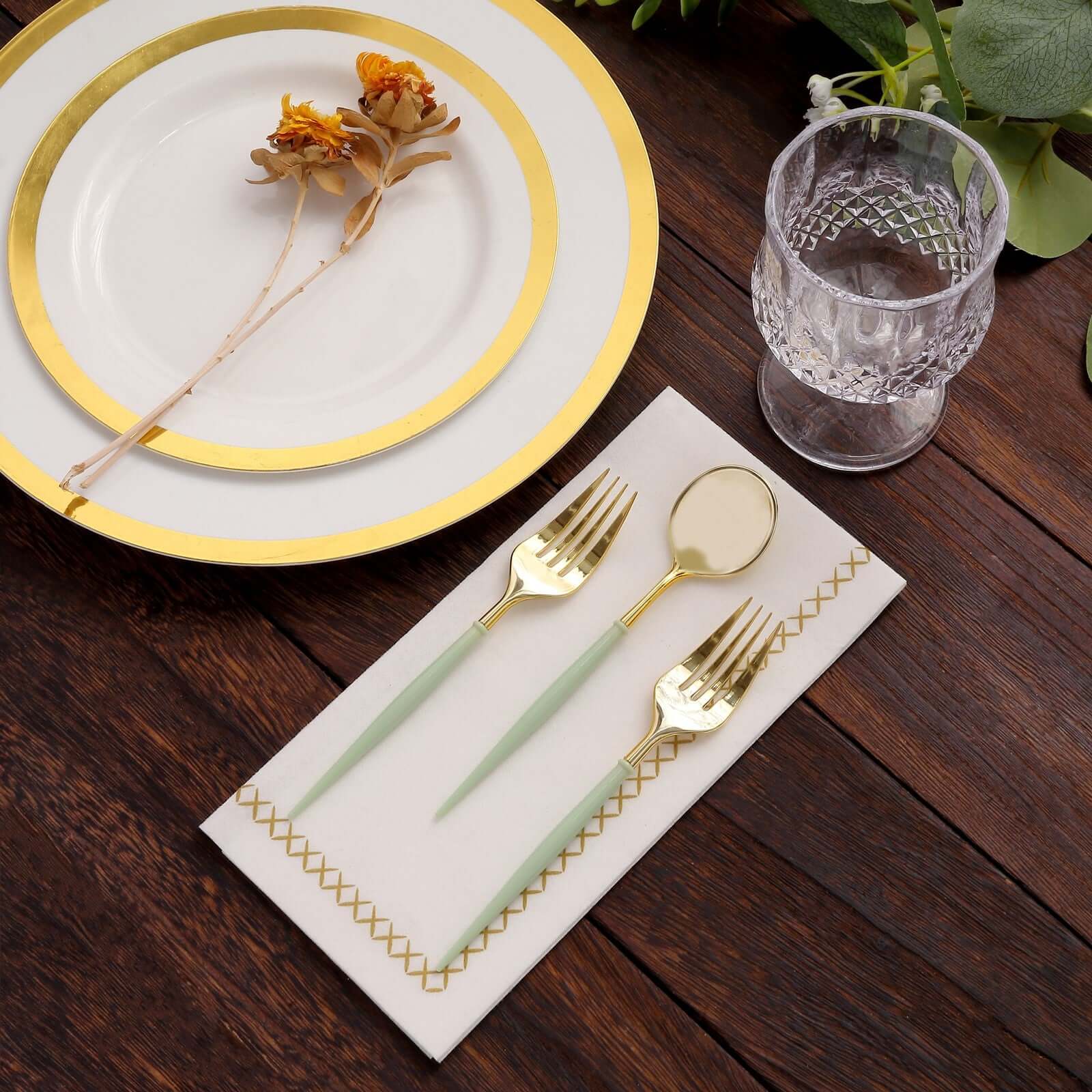 24-Pack Plastic Fork and Spoon Set Metallic Gold/Sage Green - Heavy Duty Disposable Modern Utensils 6"