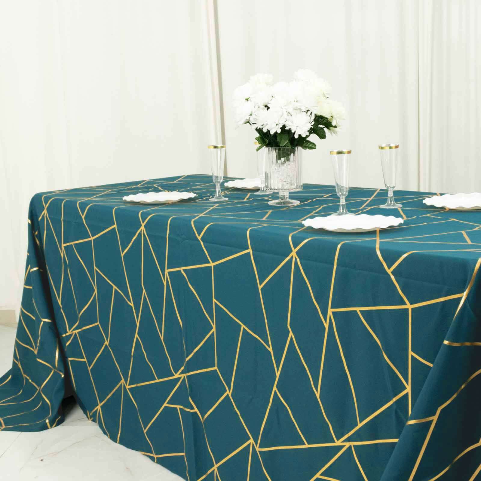 90"x132" Peacock Teal Seamless Rectangle Polyester Tablecloth With Gold Foil Geometric Pattern for 6 Foot Table With Floor-Length Drop
