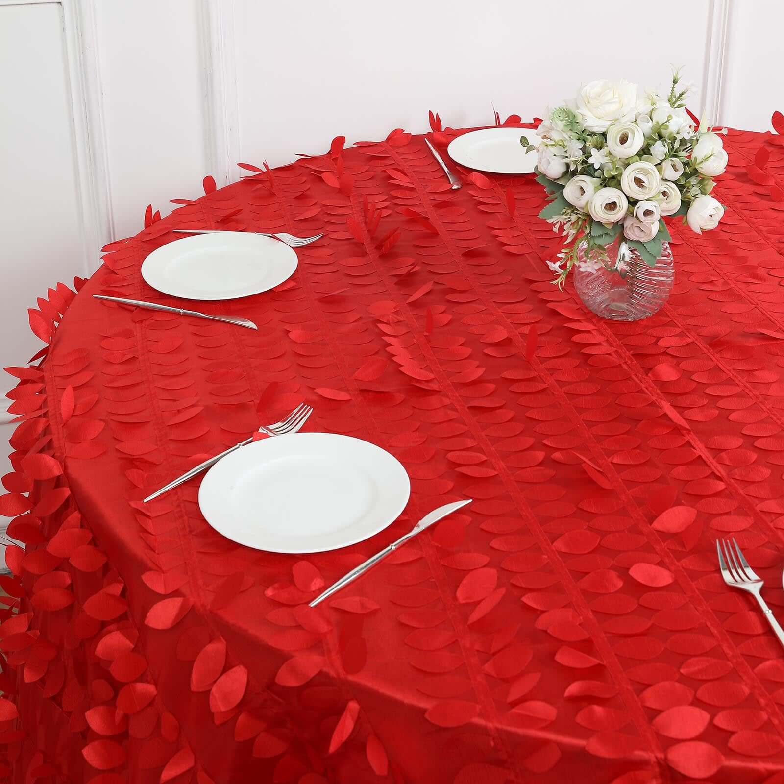 120" Red 3D Leaf Petal Taffeta Fabric Seamless Round Tablecloth for 5 Foot Table With Floor-Length Drop