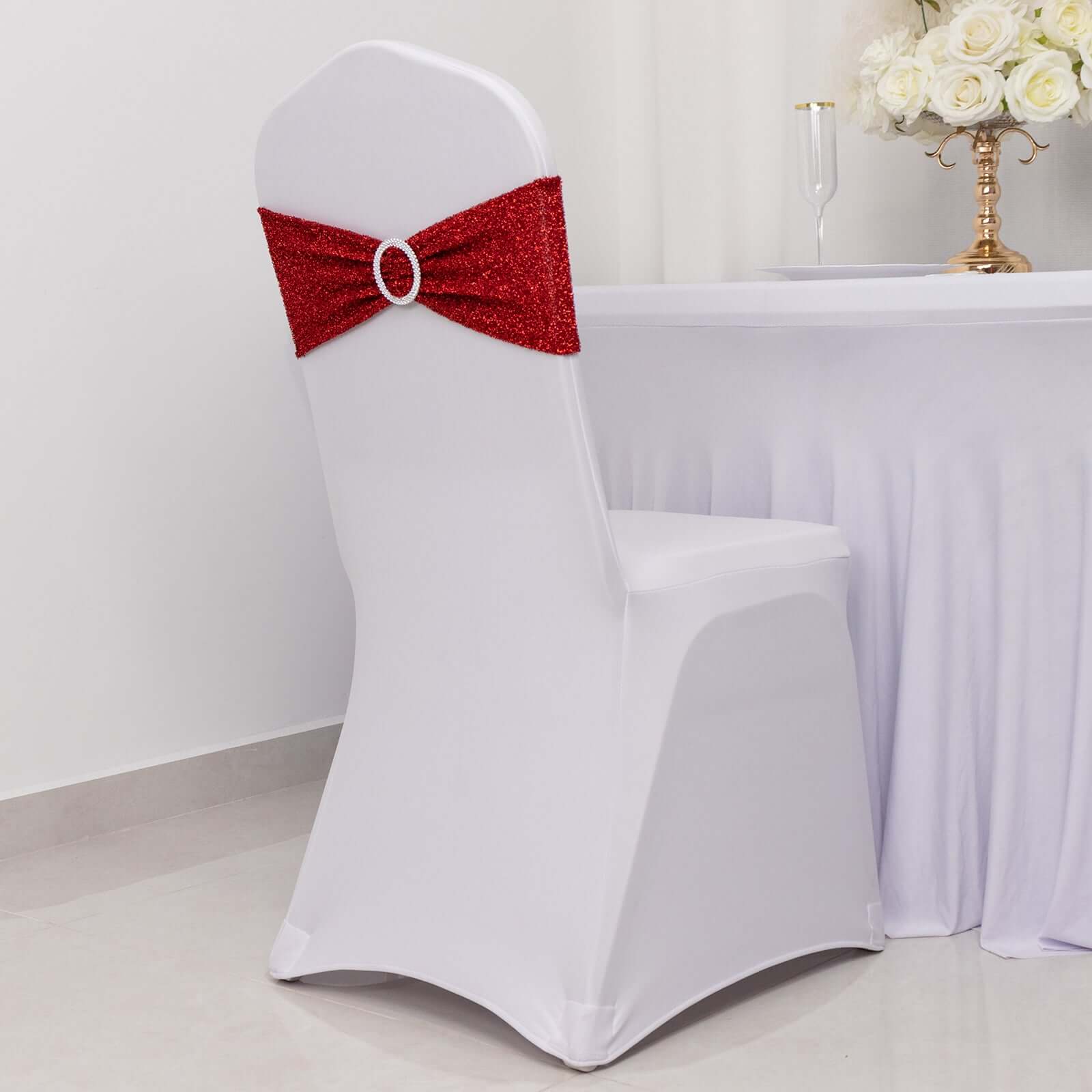 5 Pack Chair Sashes Shimmer Tinsel Spandex 5"x12" with Silver Rhinestone Buckles Red - Stylish Chair Bands