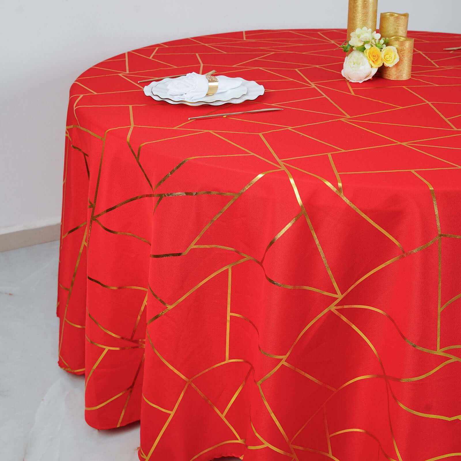 Polyester 120" Round Tablecloth Red with Gold Foil Geometric Pattern Wrinkle-Resistant Seamless Table Cover