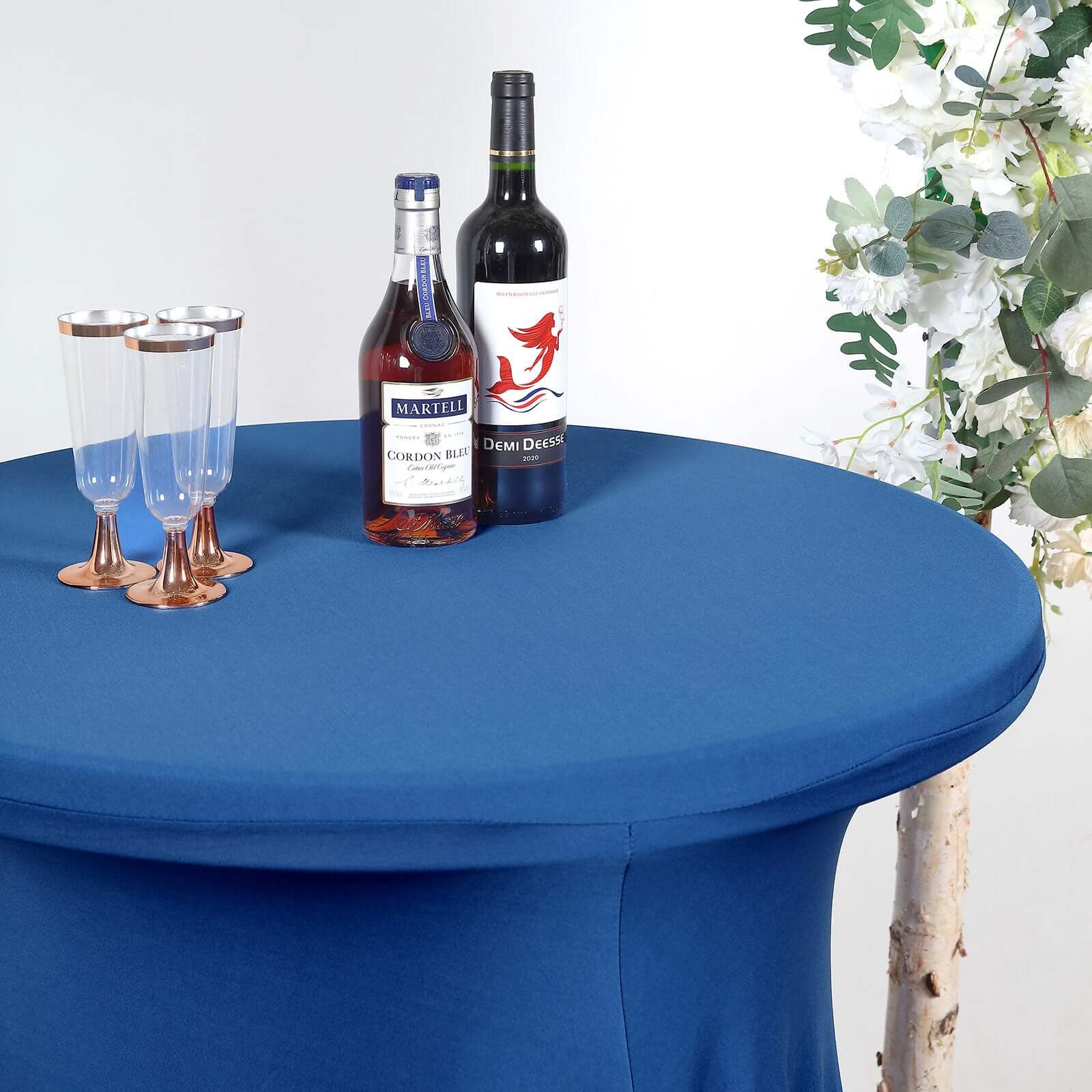 Spandex 32" Round Cocktail Table Cover Skirt Royal Blue With Natural Wavy Drapes
