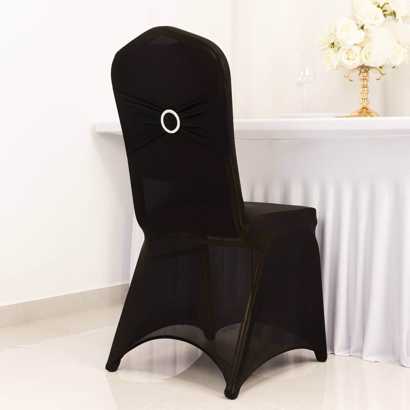 Spandex Chair Cover with Black Rhinestone Buckled Sash Band Blush - Stylish Stretch Fitted Slipcover for Banquets & Events