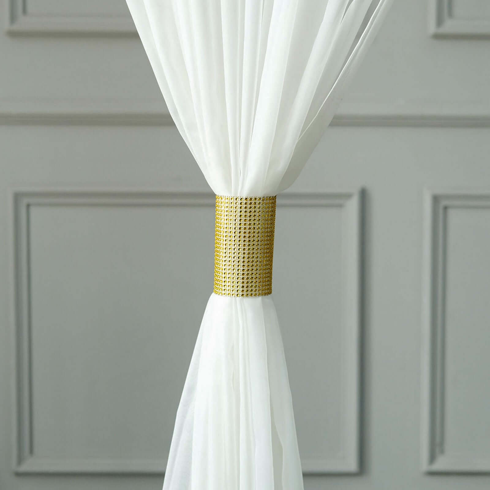 4 Pack Gold Rhinestone Mesh Velcro Backdrop Curtain Bands, Large Chair Sash Clip Tie Backs - 5"X10"