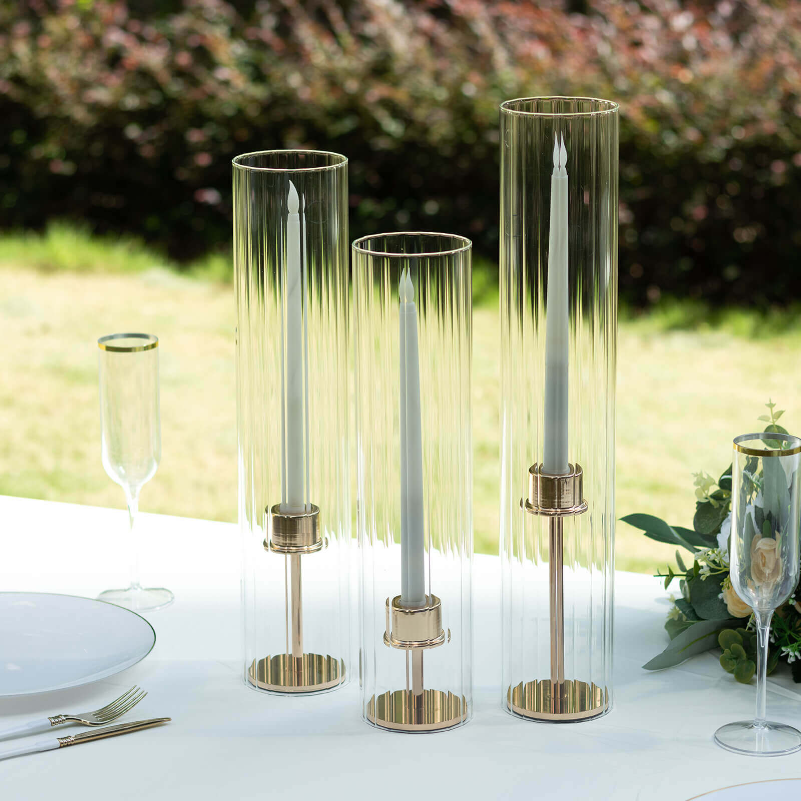 Set of 3 Clear Ribbed Glass Hurricane Shades Open End Design - Stylish Candelabra Pillar Candle Holder Table Centerpiece 15", 17", 19"