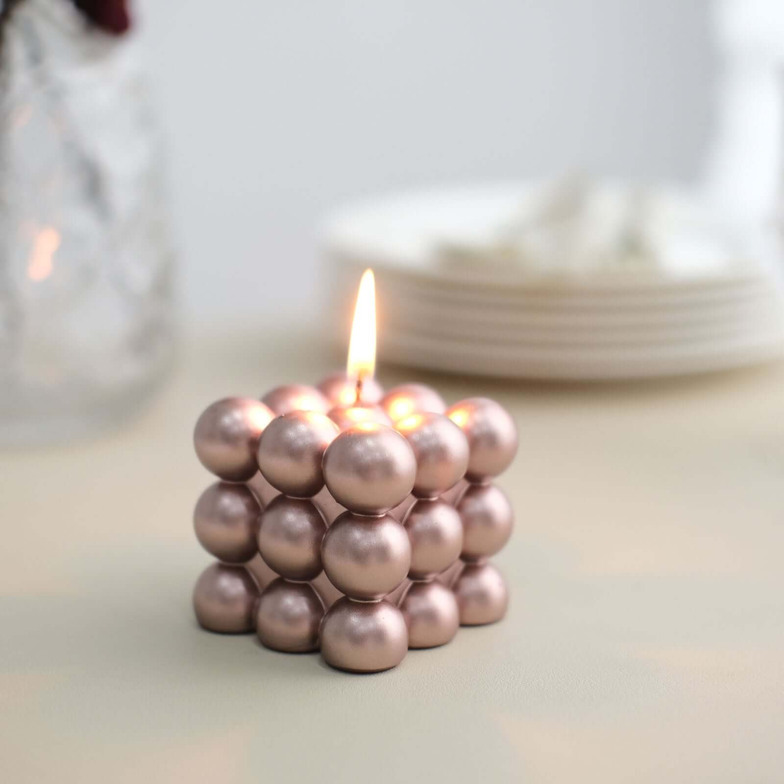 2-Pack Decorative Paraffin Wax Candles Bubble Cube Design Metallic Rose Gold - Unscented Long Burning Pillar Candle Set 2"