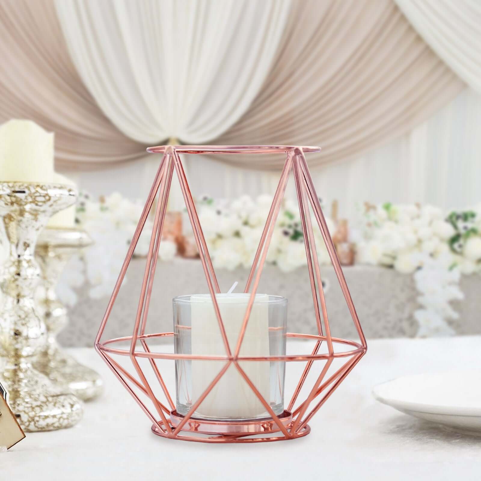2-Pack Metal Candle Holders Rose Gold Wired Design - Stylish Glass Votive Holder Set 7"