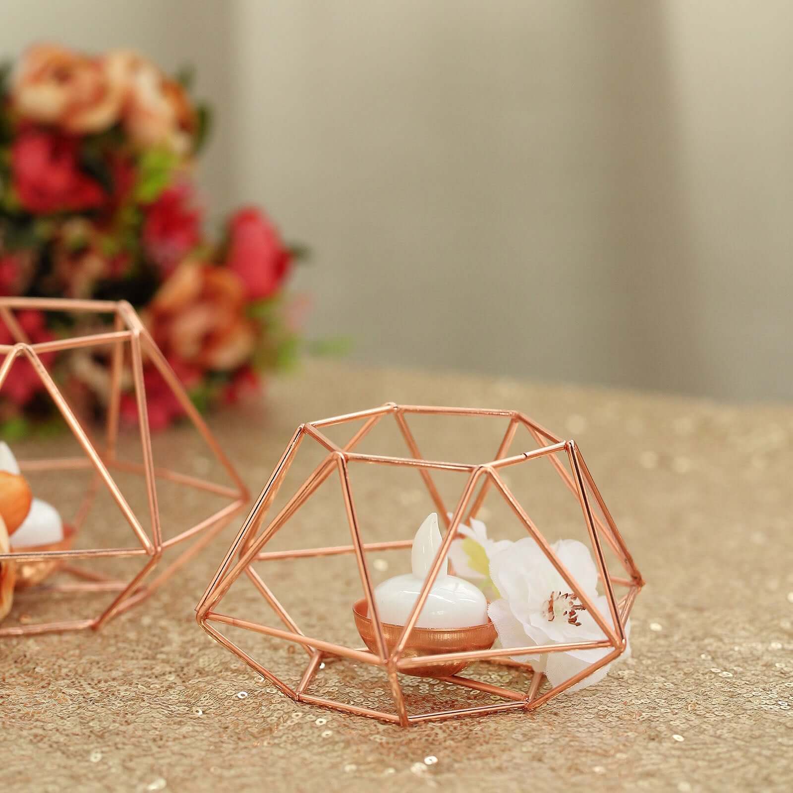 Set of 2 Candle Holders Metal Hexagon Geometric Design Rose Gold - Modern Decorative Centerpieces for Tables 4"x3"