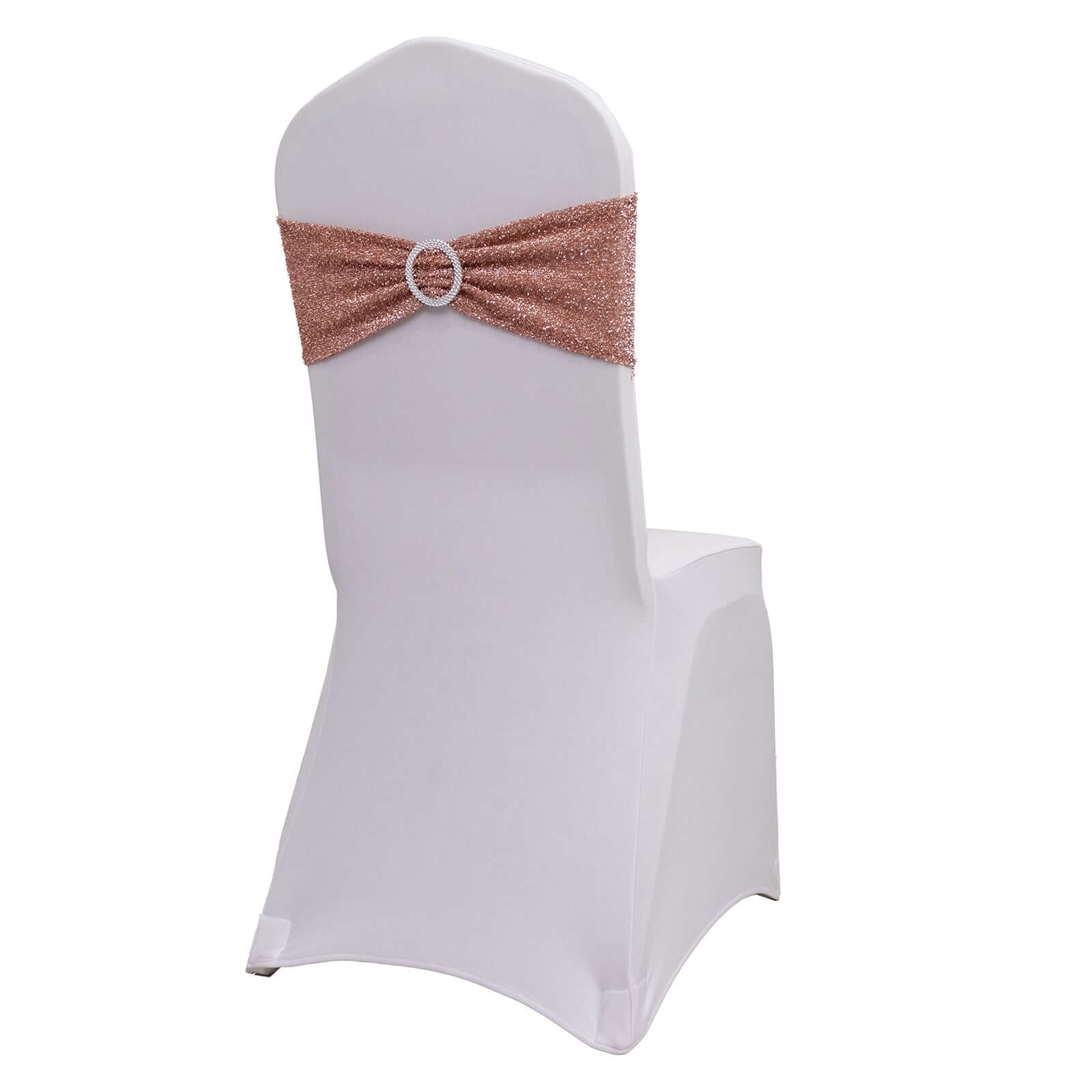5 Pack Chair Sashes Shimmer Tinsel Spandex 5"x12" with Silver Rhinestone Buckles Rose Gold