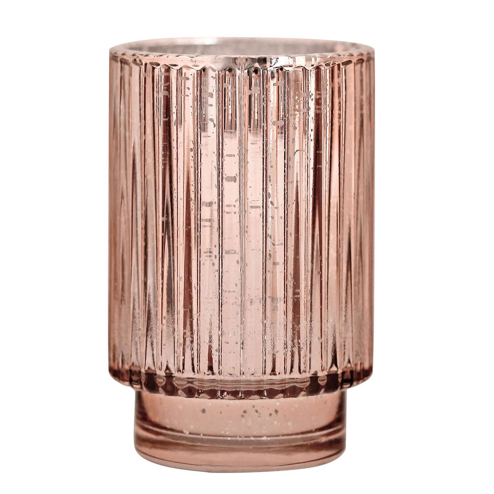 3-Pack Mercury Glass Hurricane Candle Holders Rose Gold Wavy Column Design - Votive Pillar Vase 5"