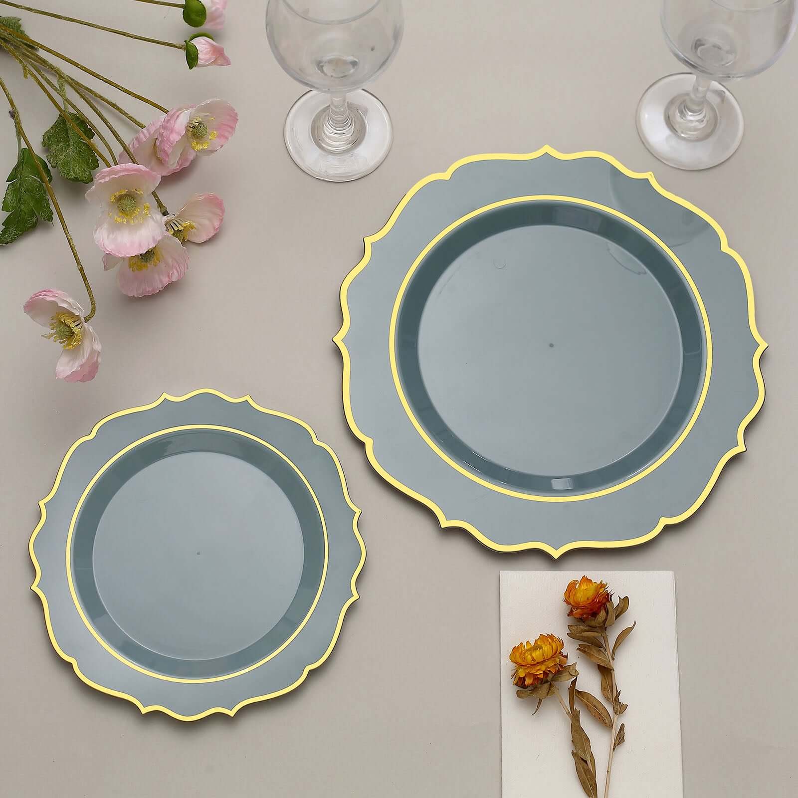 10-Pack Plastic 8" Round Desert Plates in Dusty Blue with Gold Scalloped Rim - Disposable Appetizer/Salad Plates