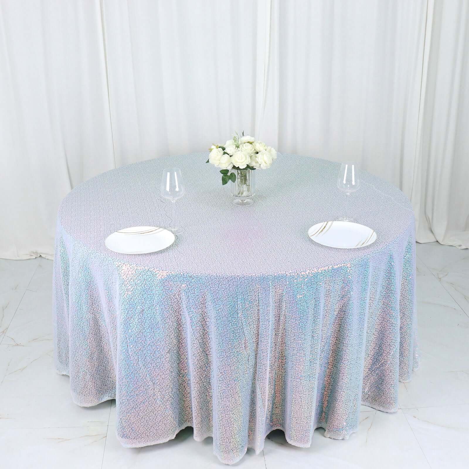 Sequin 132" Round Tablecloth Iridescent Blue - Seamless Dazzling Table Cover