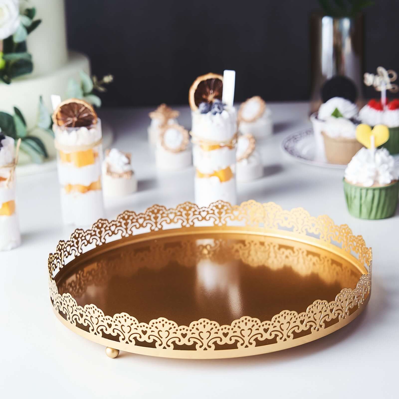 12" Gold Premium Metal Decorative Vanity Serving Tray, Round With Embellished Rims