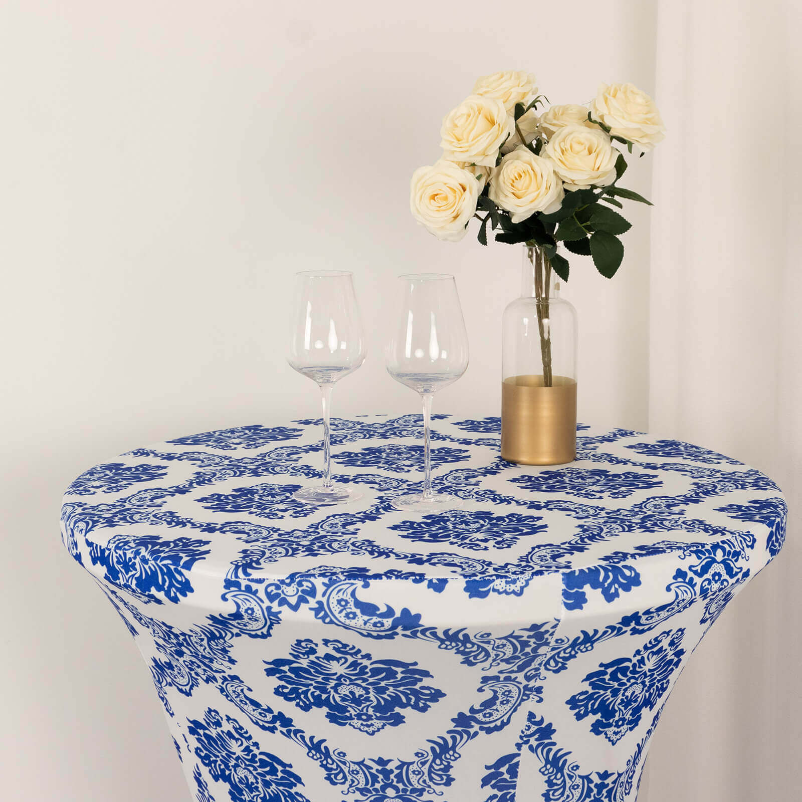 Spandex 24"-32" Round Cocktail Table Cover Royal Blue Damask Highboy Tables - Easy to Maintain Stretch Fitted Tablecloth