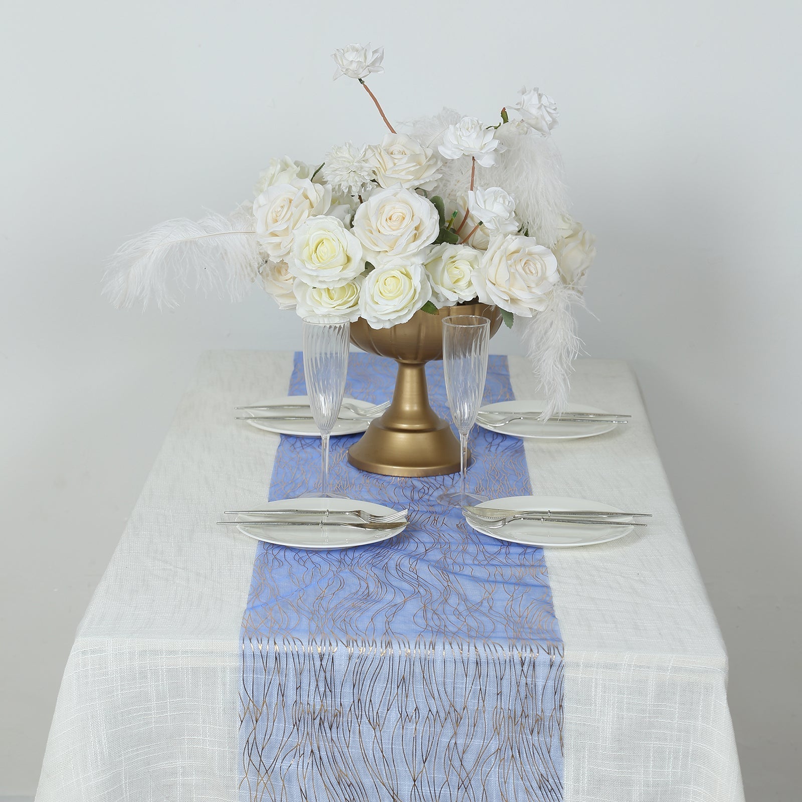 5 Pack Organza 12"x108" Table Runners Royal Blue - Gold Wave Design