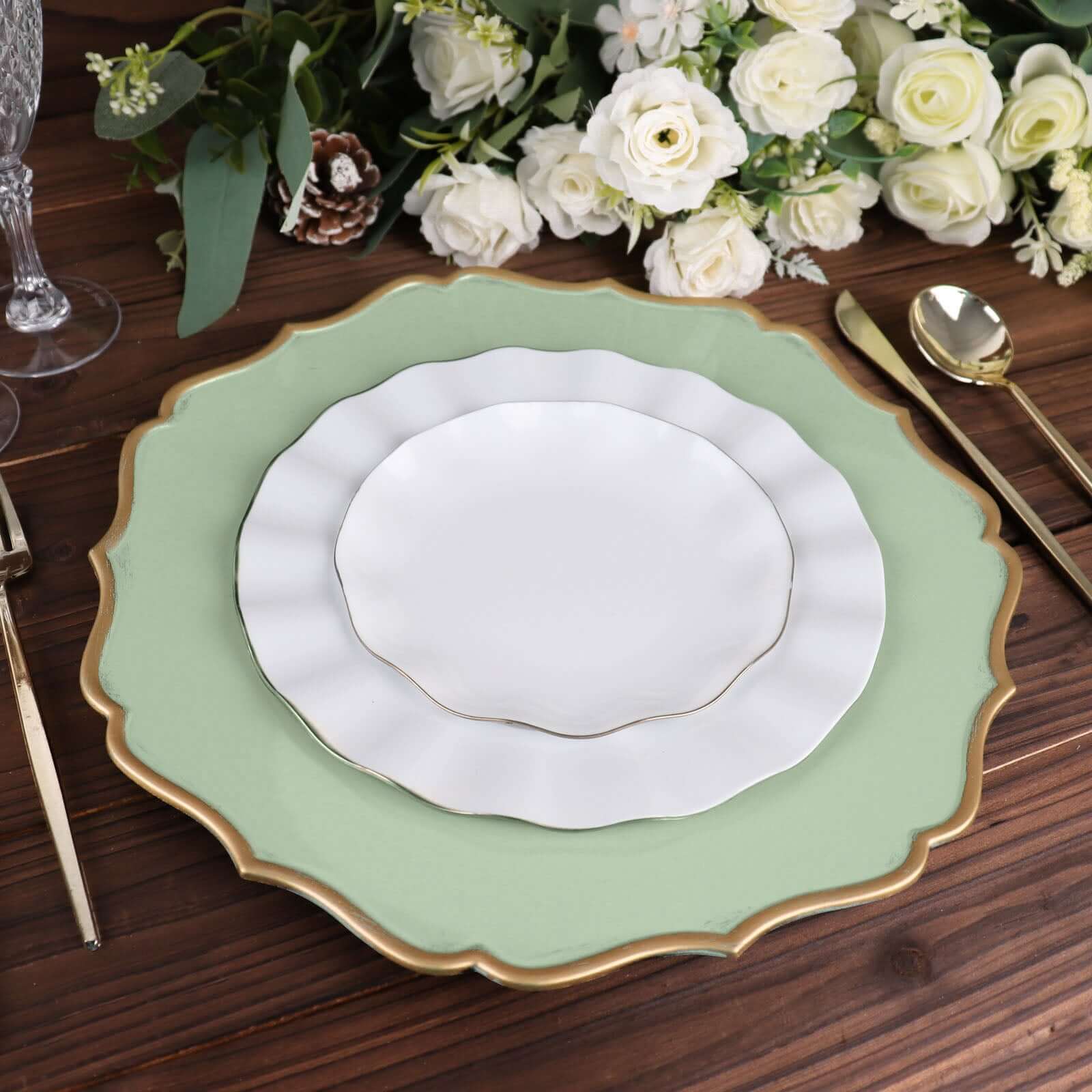 6-Pack Acrylic Round Charger Plates 13" in Sage Sage Green with Gold Scalloped Rim, Decorative Dinner Party Plastic Charger Tableware
