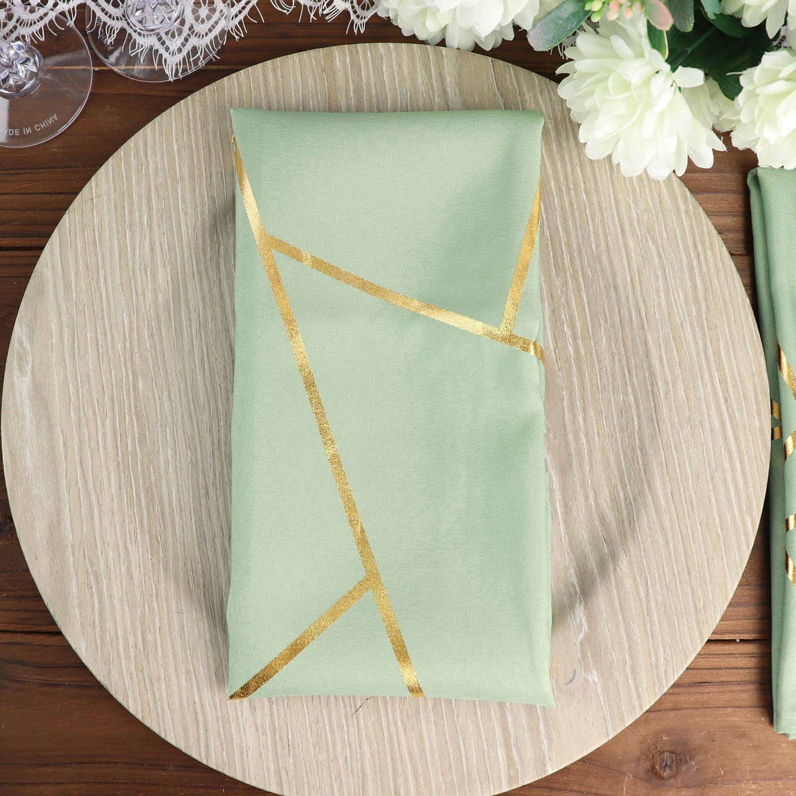 5 Pack Polyester 20"x20" Napkins Sage Green with Gold Geometric Foil Pattern - Modern Reusable Dinner Napkins