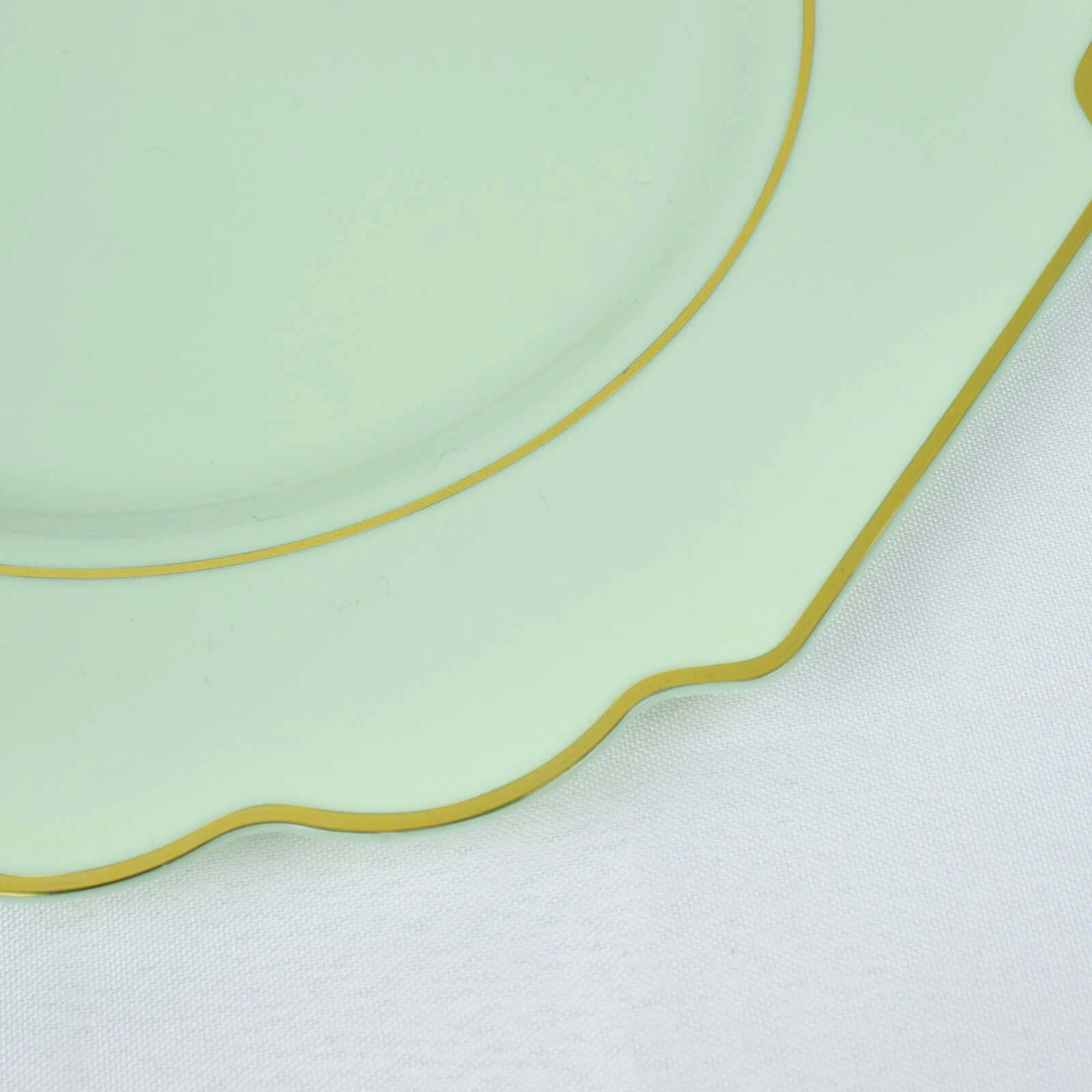 10-Pack Plastic Dinner Plates in Sage Green Baroque Design with Scalloped Gold Rim - Heavy Duty Disposable Party Plates 11"