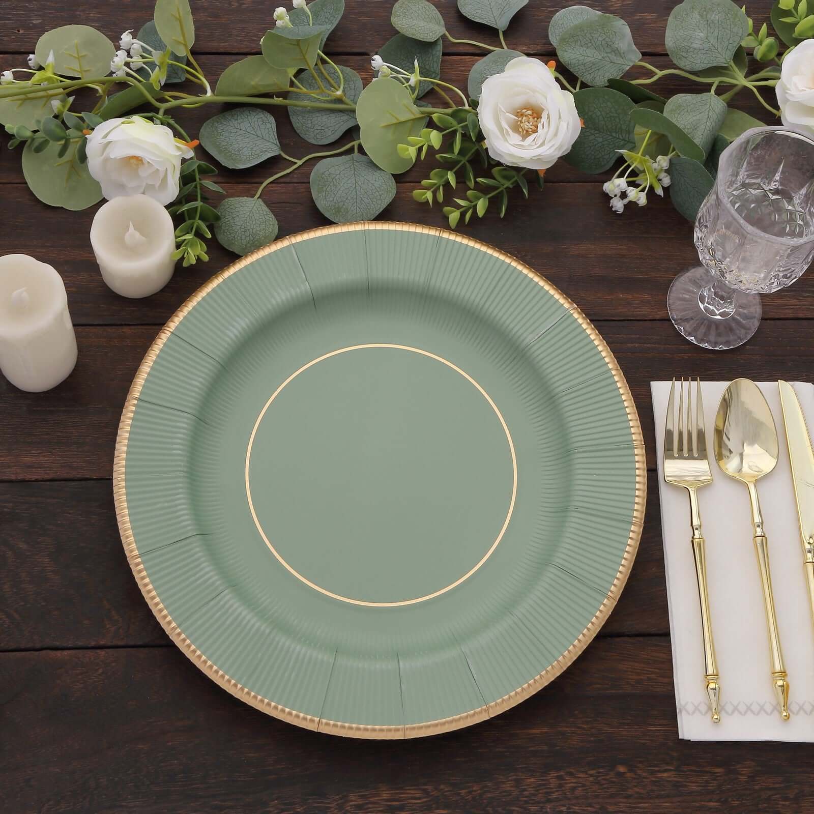 25-Pack Disposable Round Charger Plates in Sage Green Sunray Design with Gold Rim - 350GSM Heavy Duty Paper Chargers 13"
